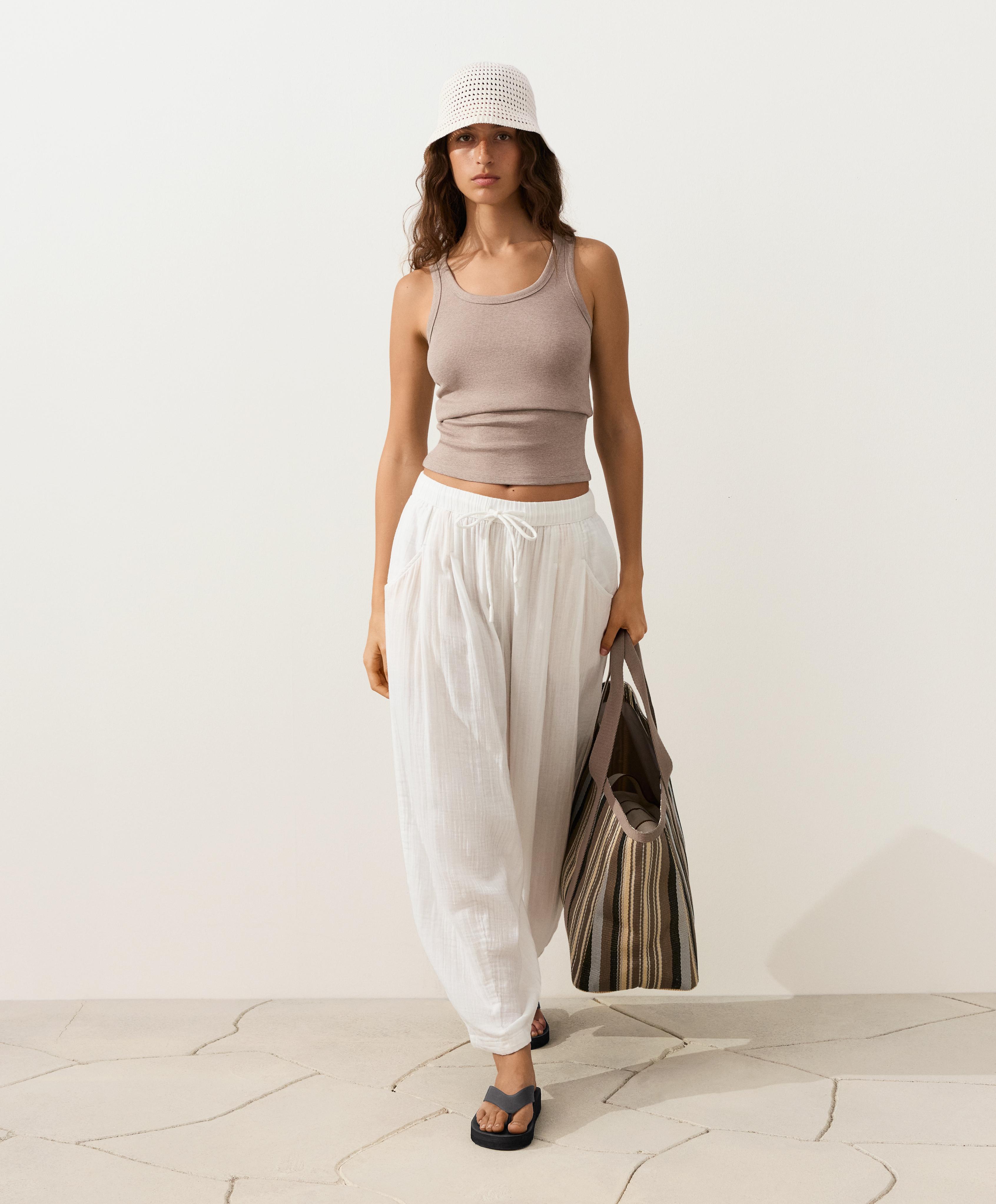 100% cotton gauze balloon trousers — WHITE 