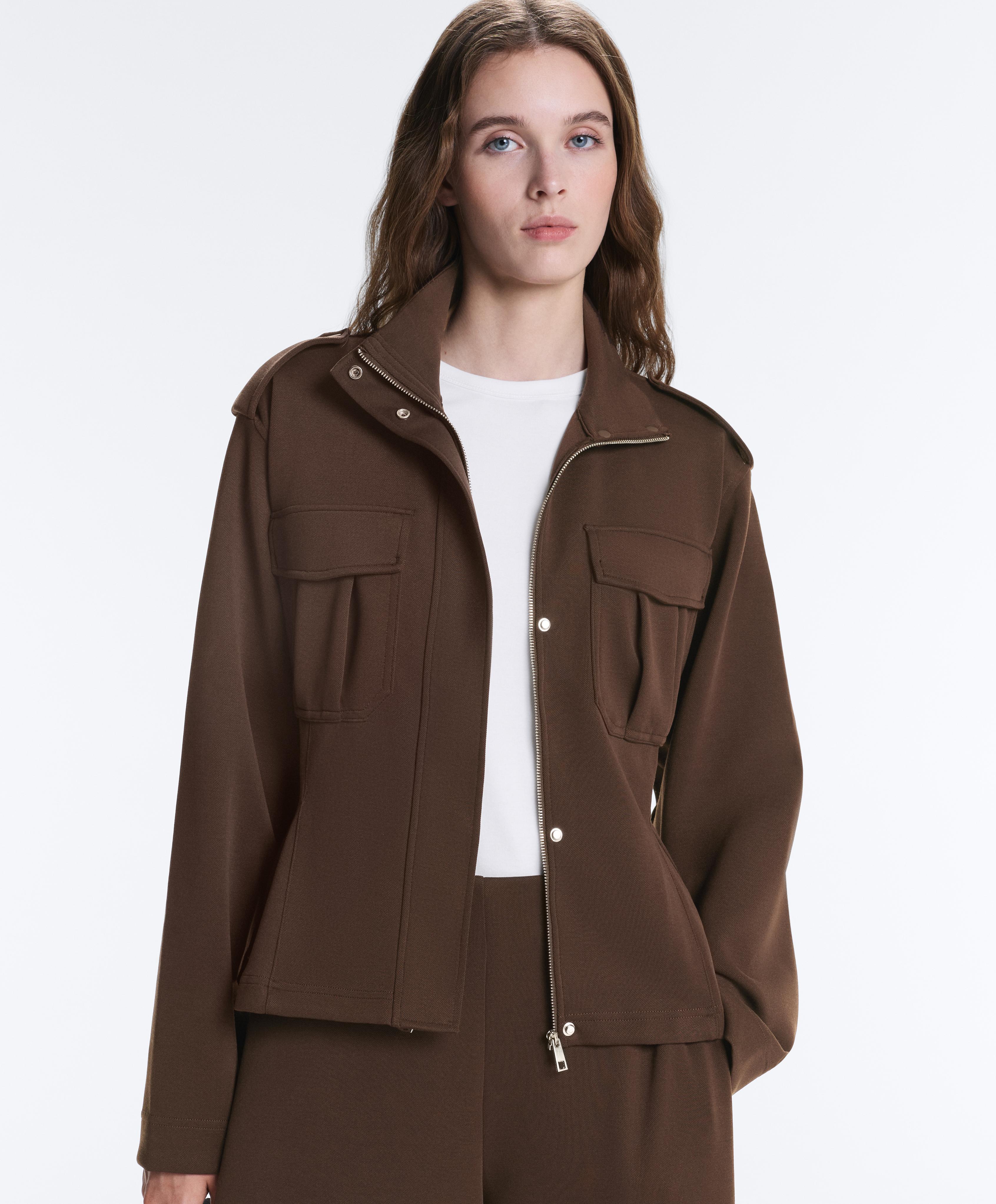 Cropped piqué utility jacket with belt — DARK BROWN