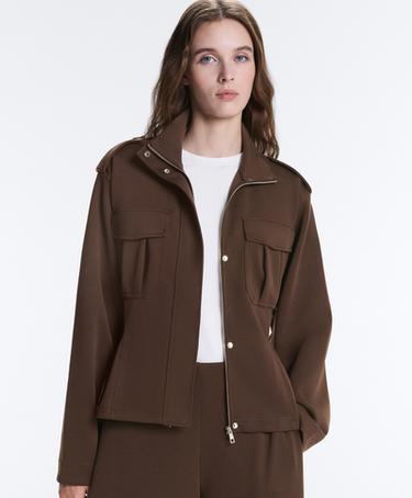 Cropped piqué utility jacket with belt — DARK BROWN 7