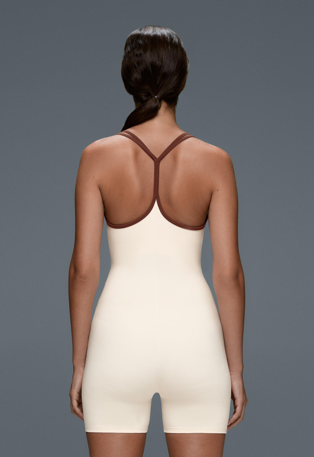 Comfortlux short jumpsuit with contrast double straps — PALE ECRU