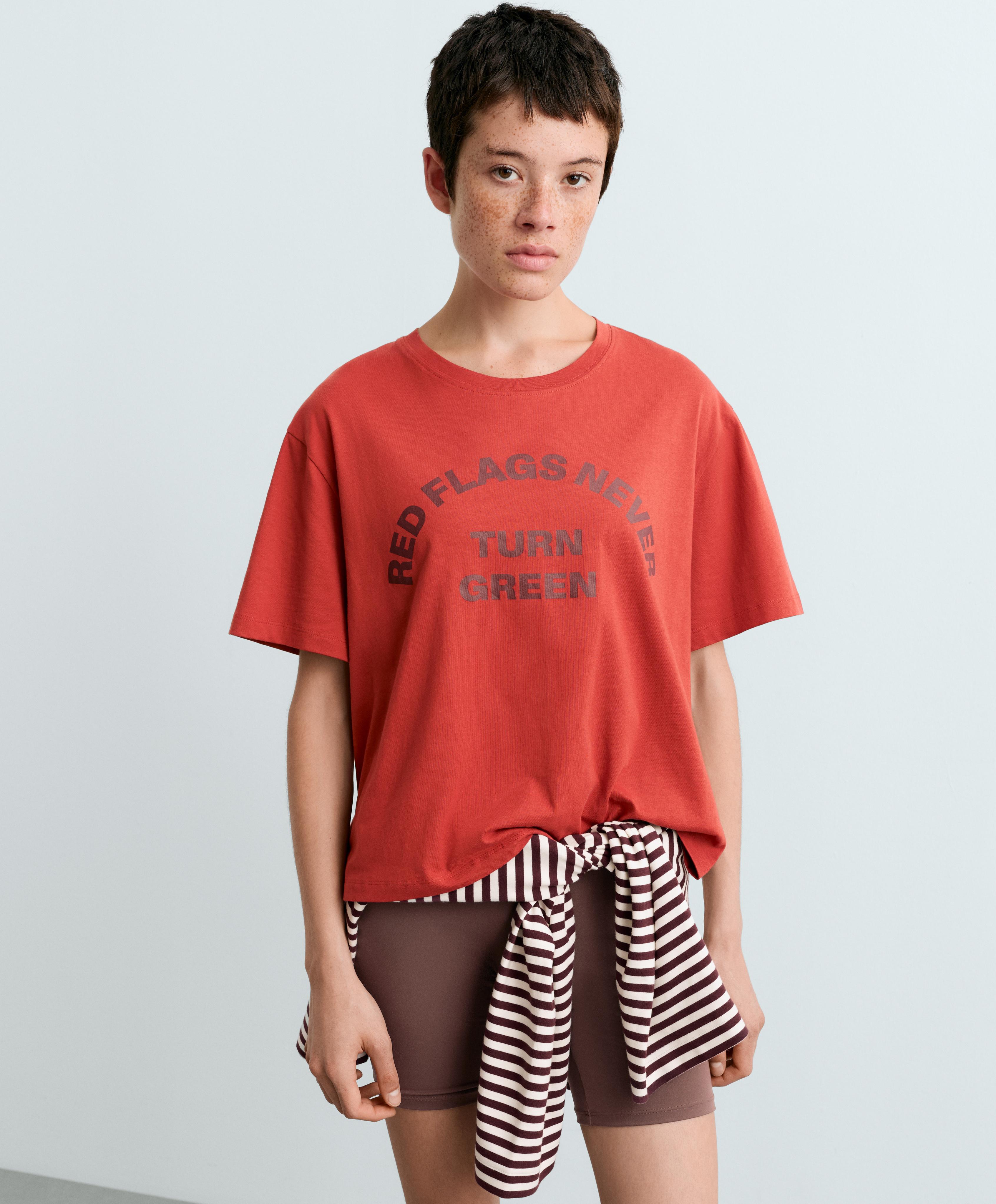 Boxy cotton blend slogan T-shirt — BURNT ORANGE