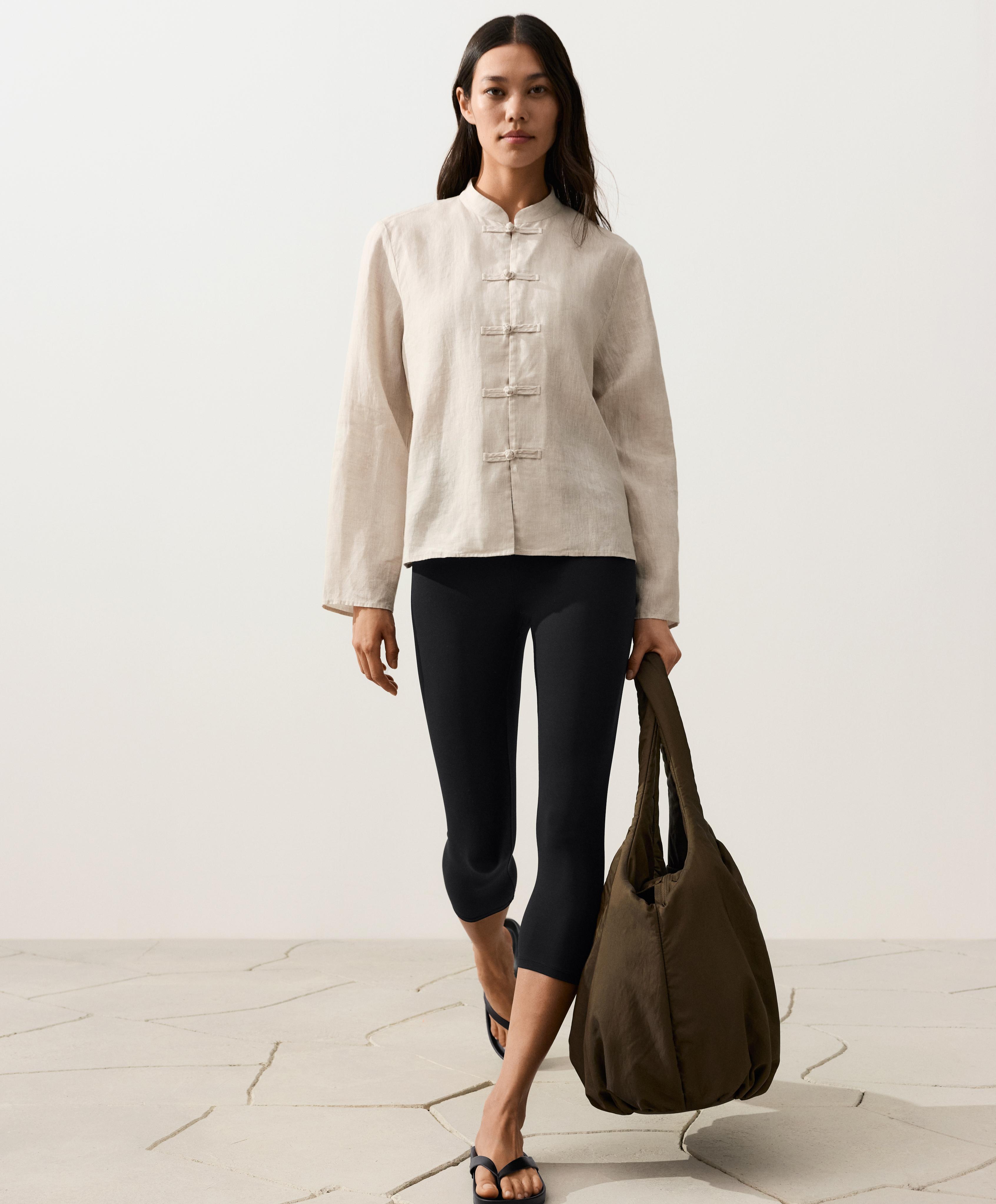 100% linen stand-up collar shirt — SAND MELANGE