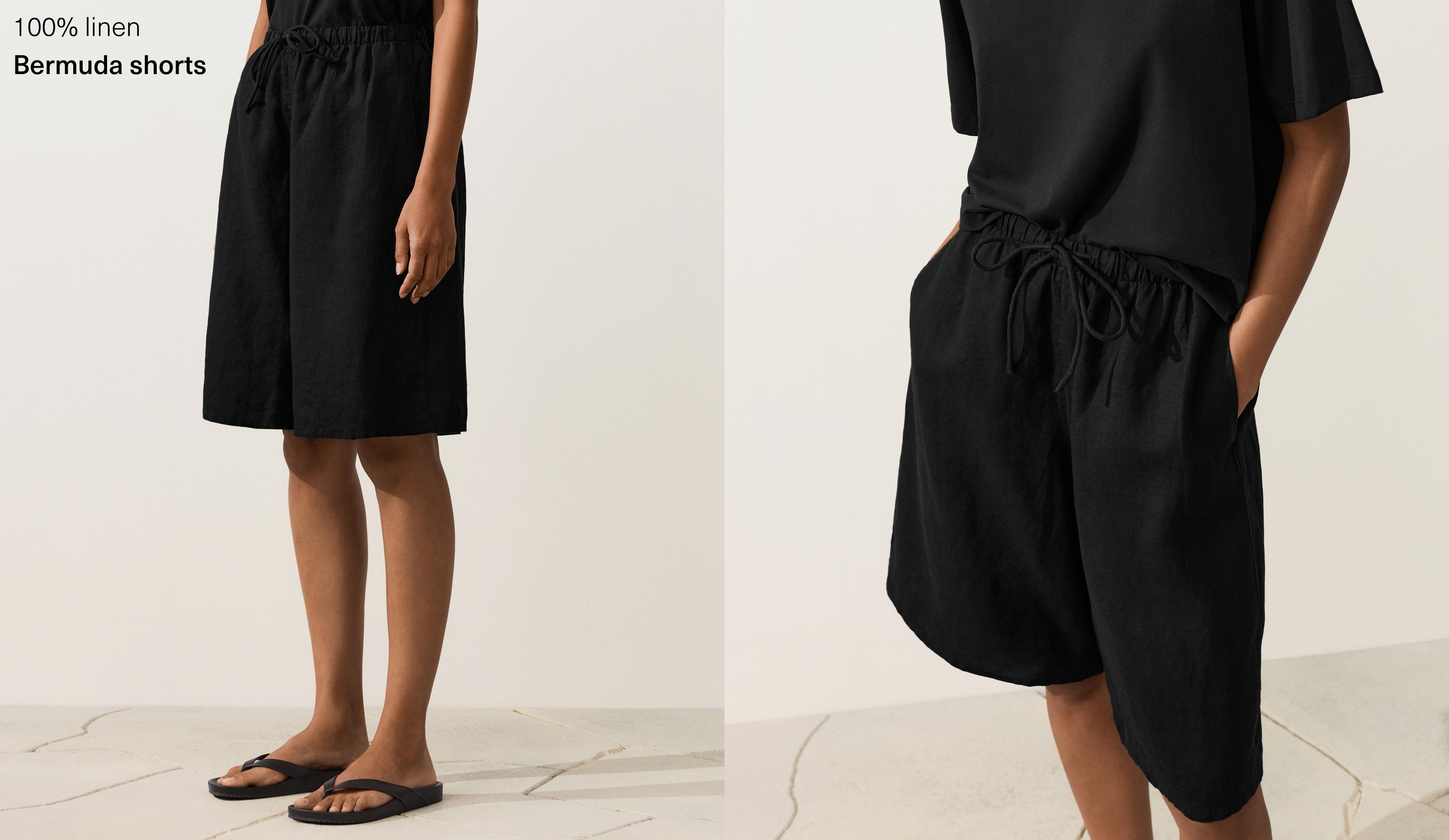 100% linen midi Bermuda shorts — BLACK