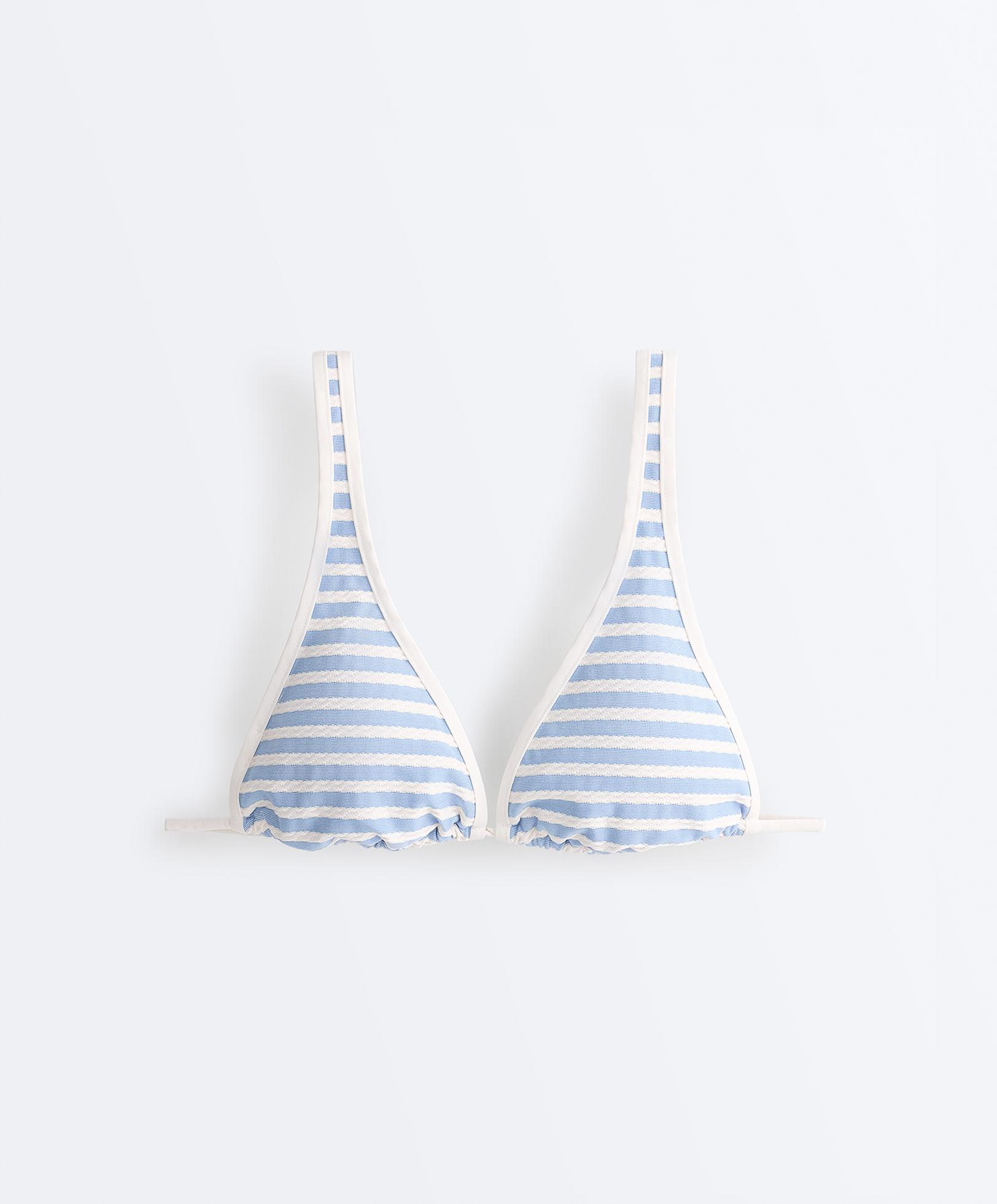 Textured stripe triangle halterneck bikini top — WASHED SKY BLUE