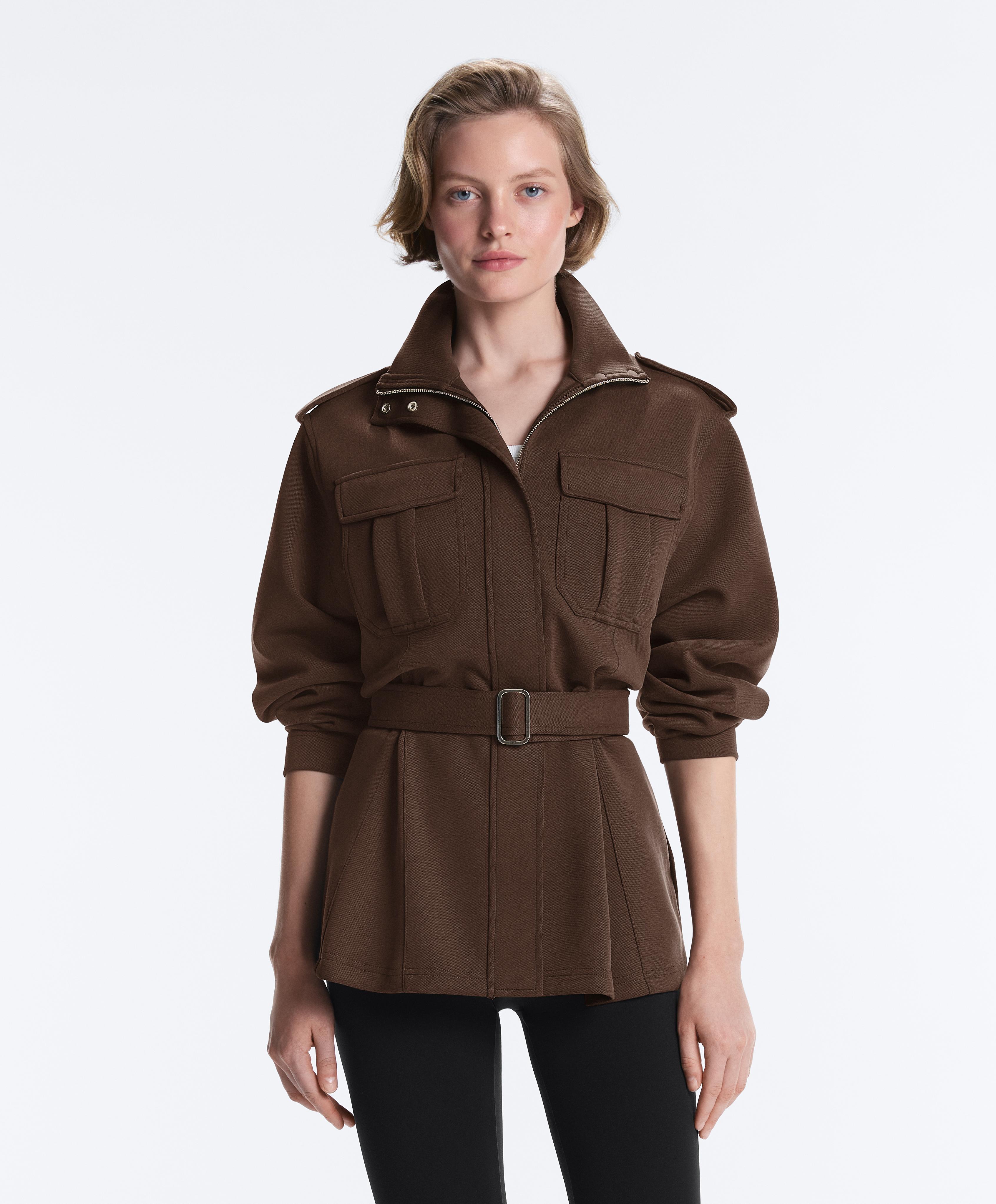 Long utility pique jacket with belt — DARK BROWN