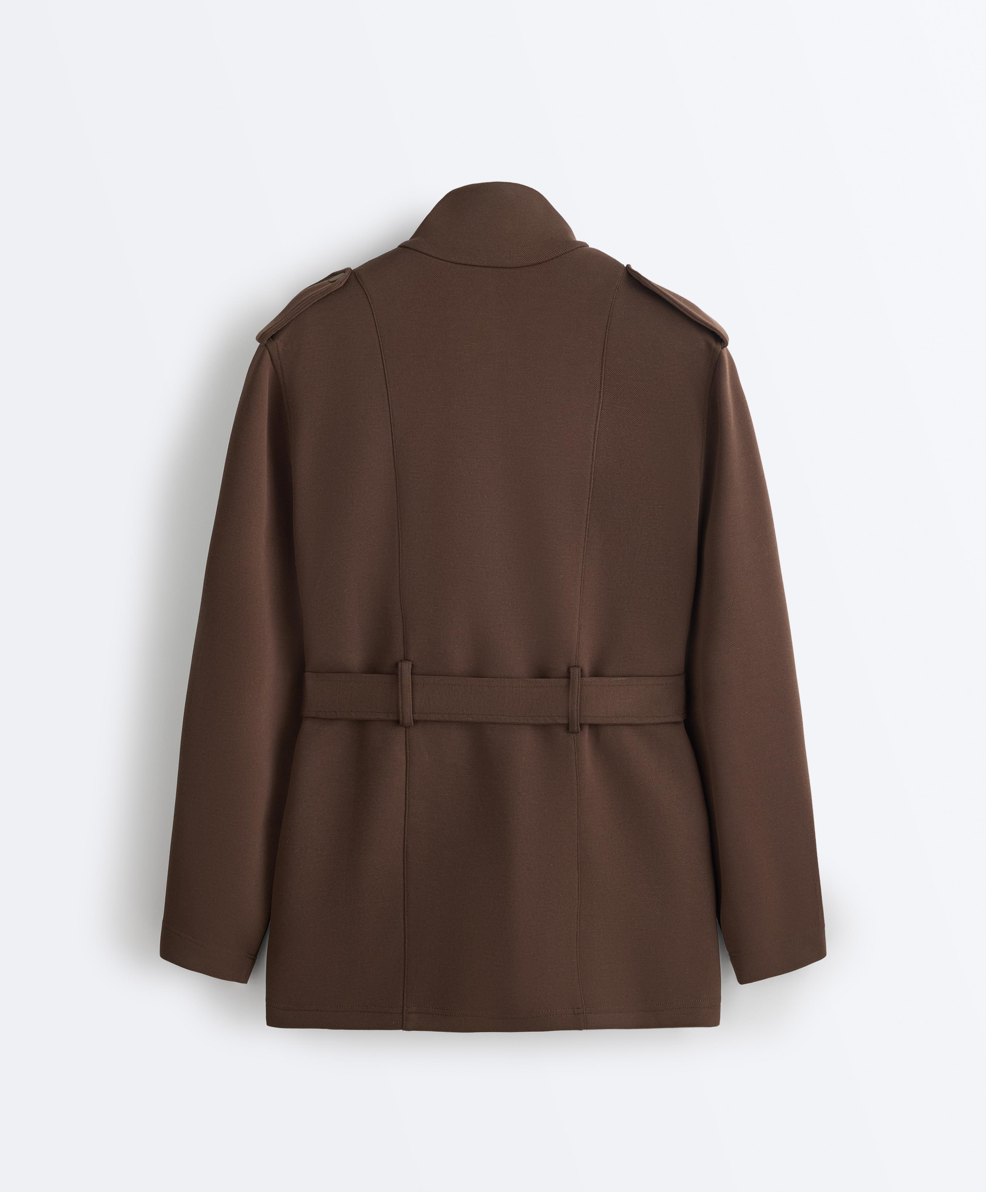 Long utility pique jacket with belt — DARK BROWN