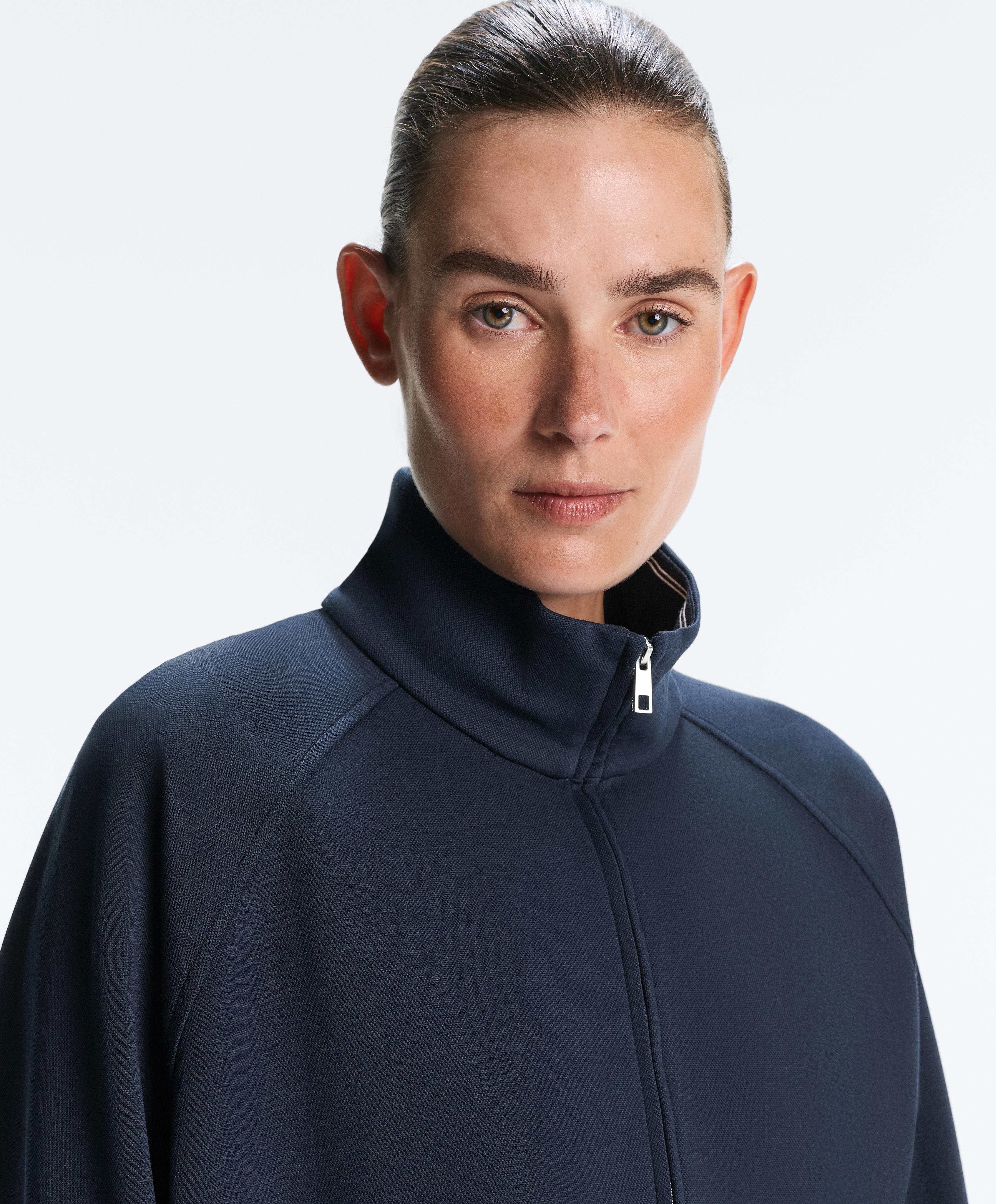 Long piqué jacket with contrast cotton piping — NAVY BLUE
