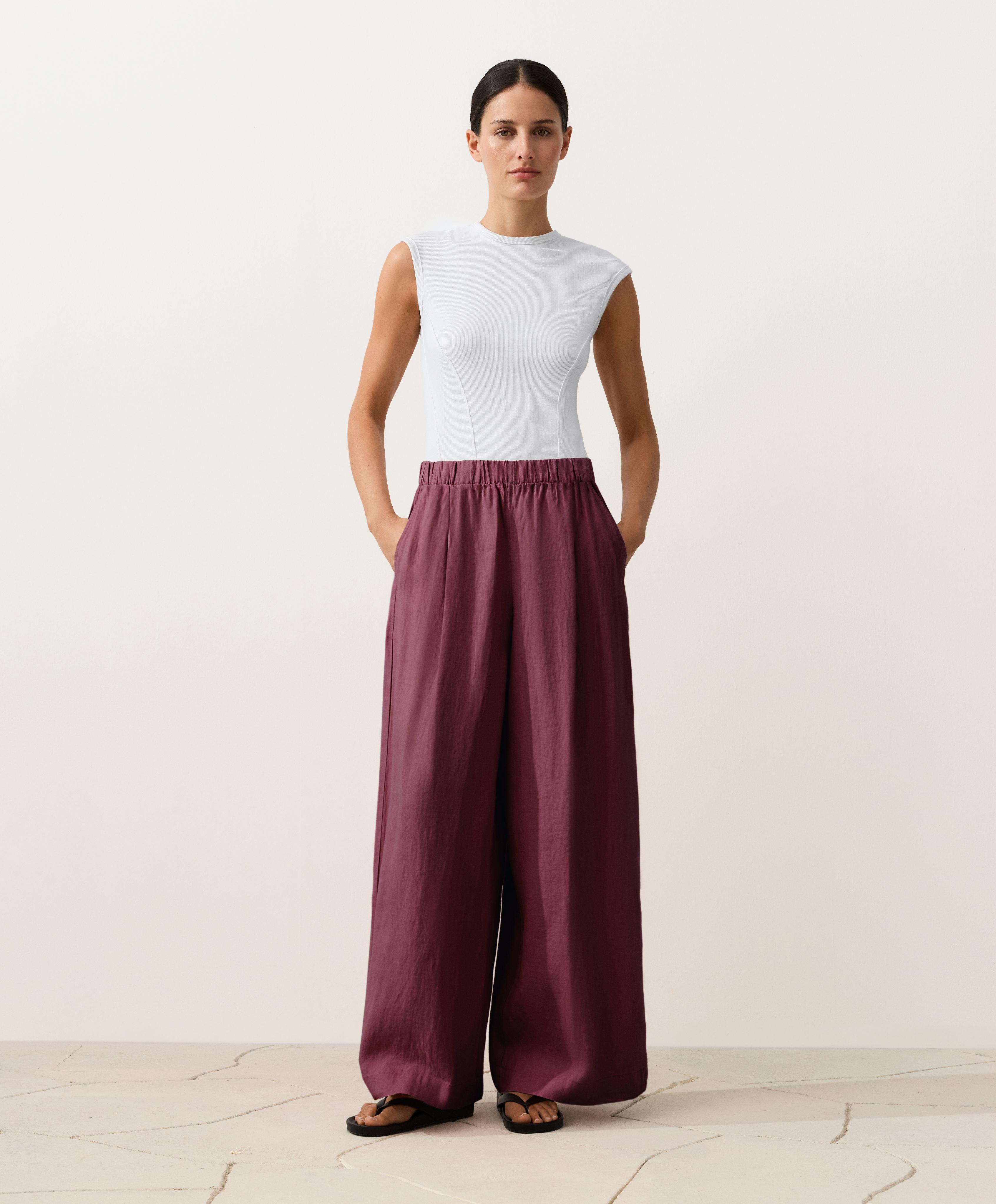 100% linen wide-leg trousers — CHERRY