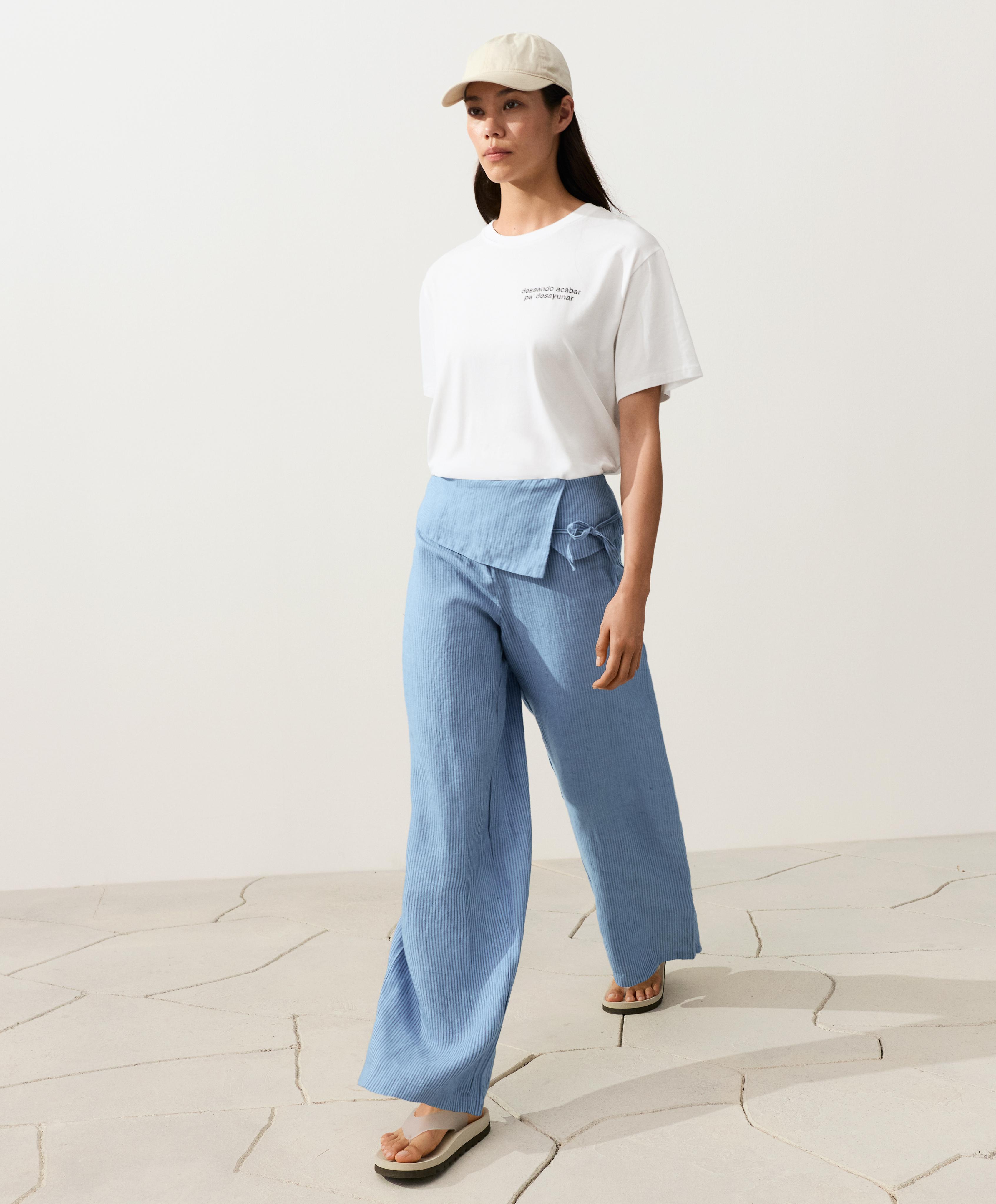 100% linen straight-leg trousers with turn-up waist — MID WASHED GREY-BLUE