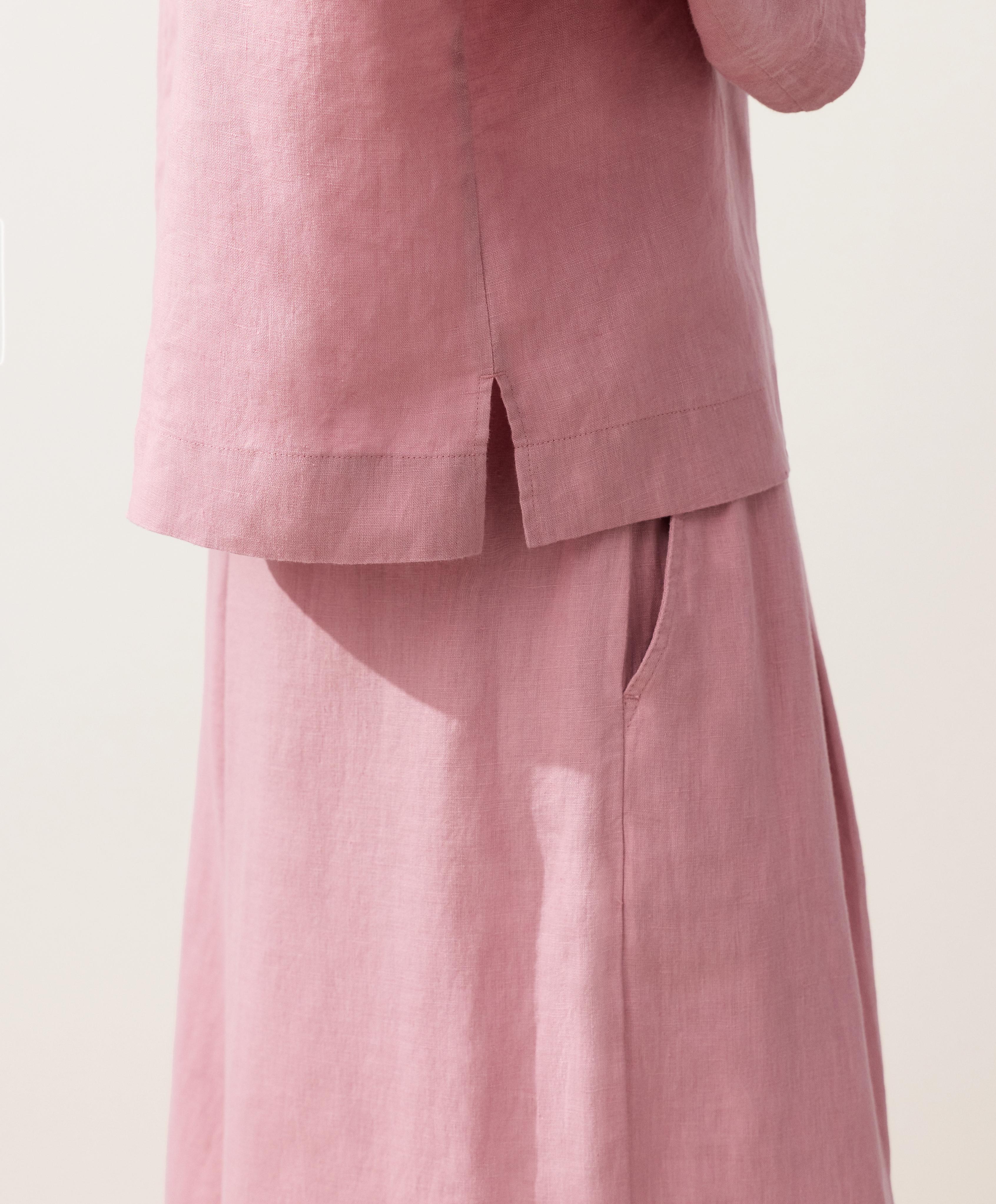 Oversize long-sleeve 100% linen polo shirt — MID-PINK