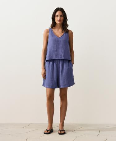 100% cotton gauze V-neck strappy top — BLUEBERRY 2