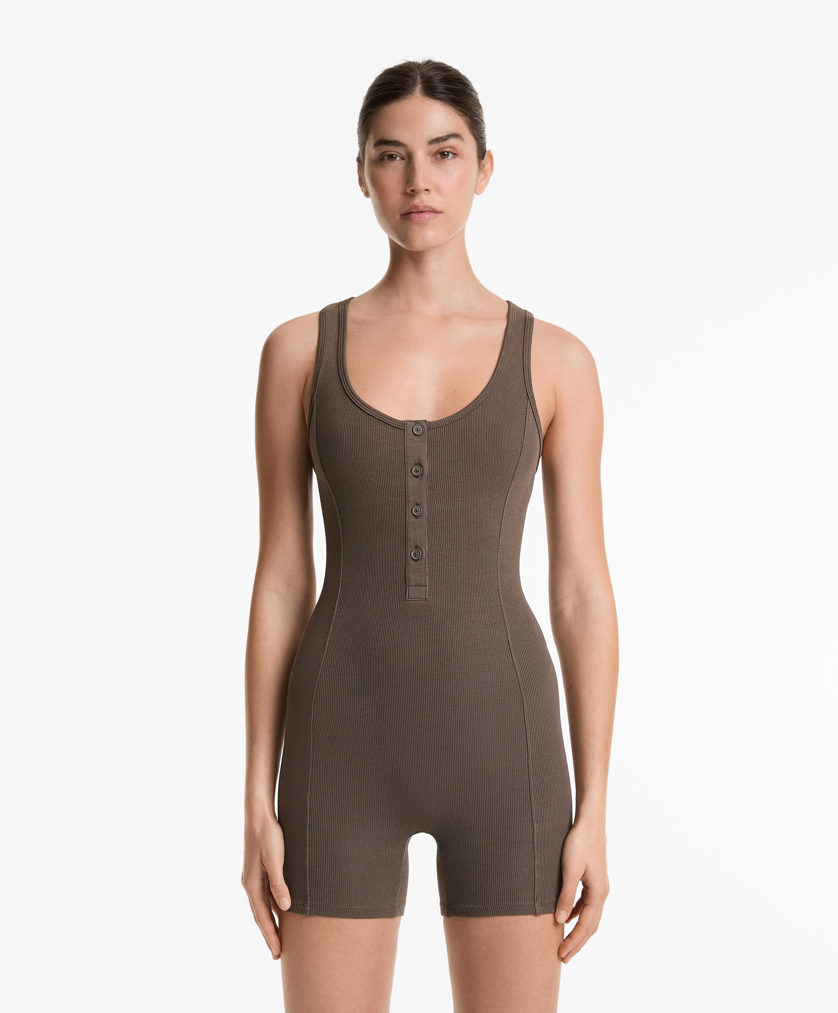Heavy rib cotton blend short jumpsuit