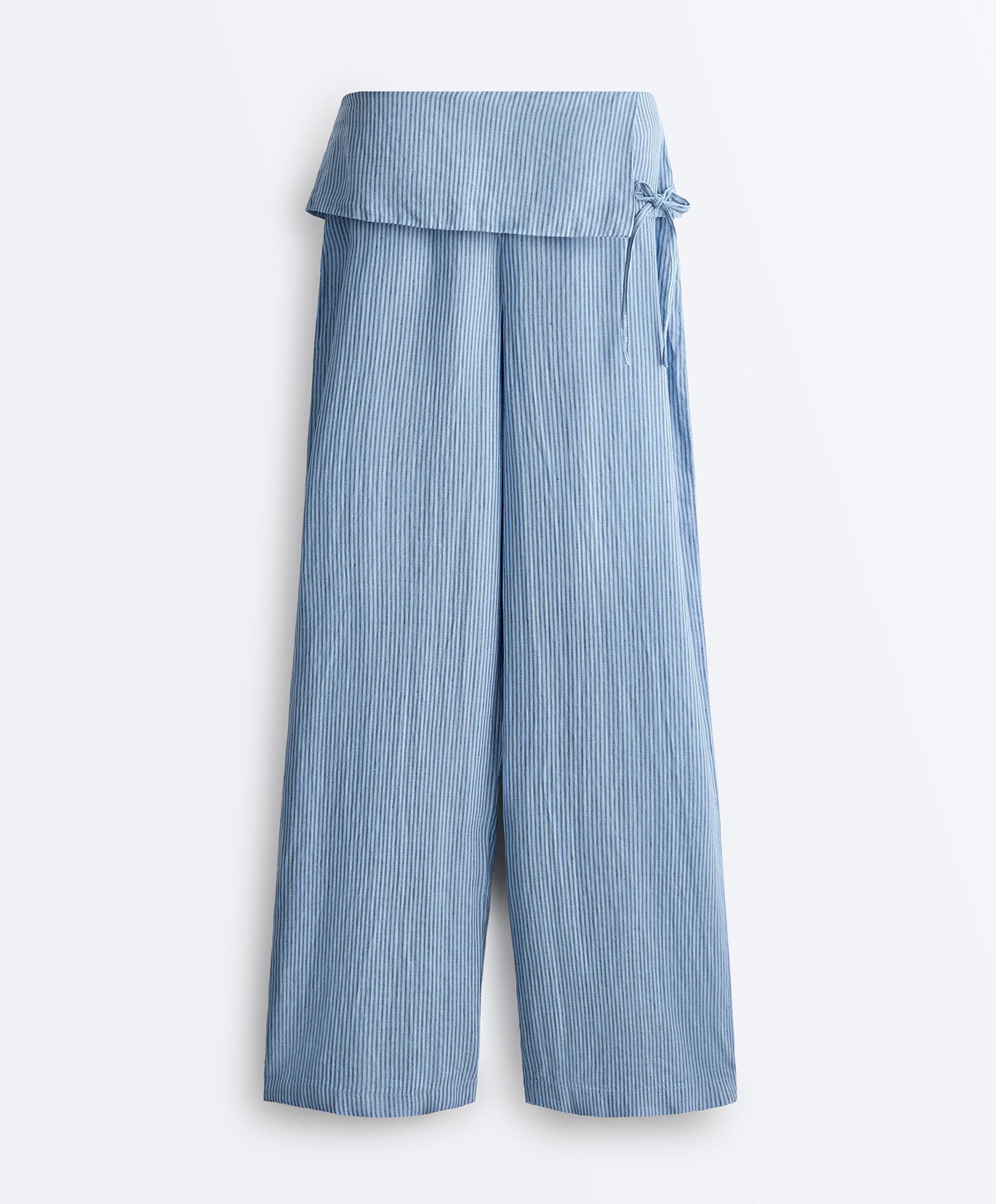 100% linen straight-leg trousers with turn-up waist — MID WASHED GREY-BLUE