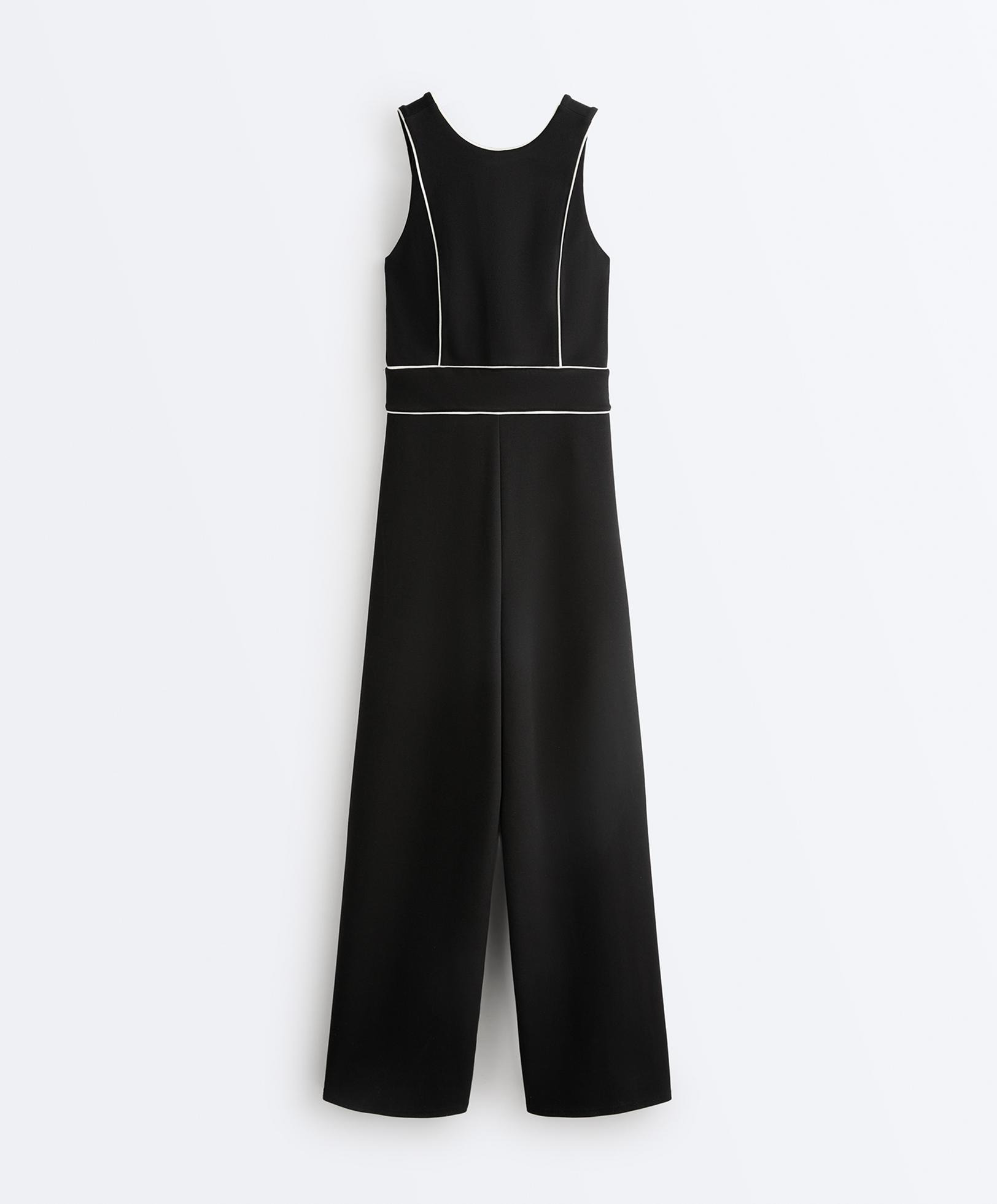 Long piping piqué jumpsuit with cotton — BLACK