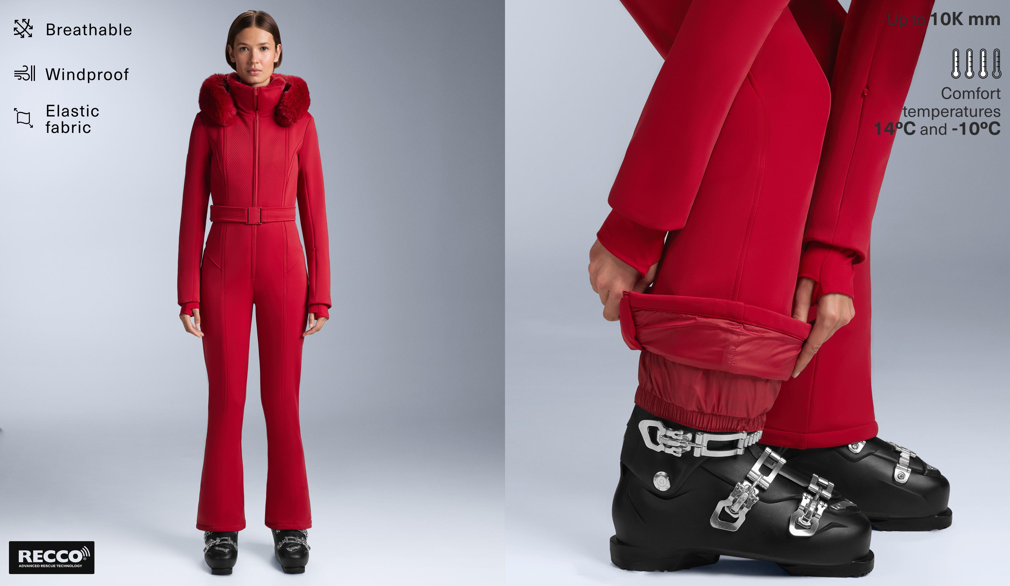 Water-resistant fitted stretch SKI jumpsuit — RED