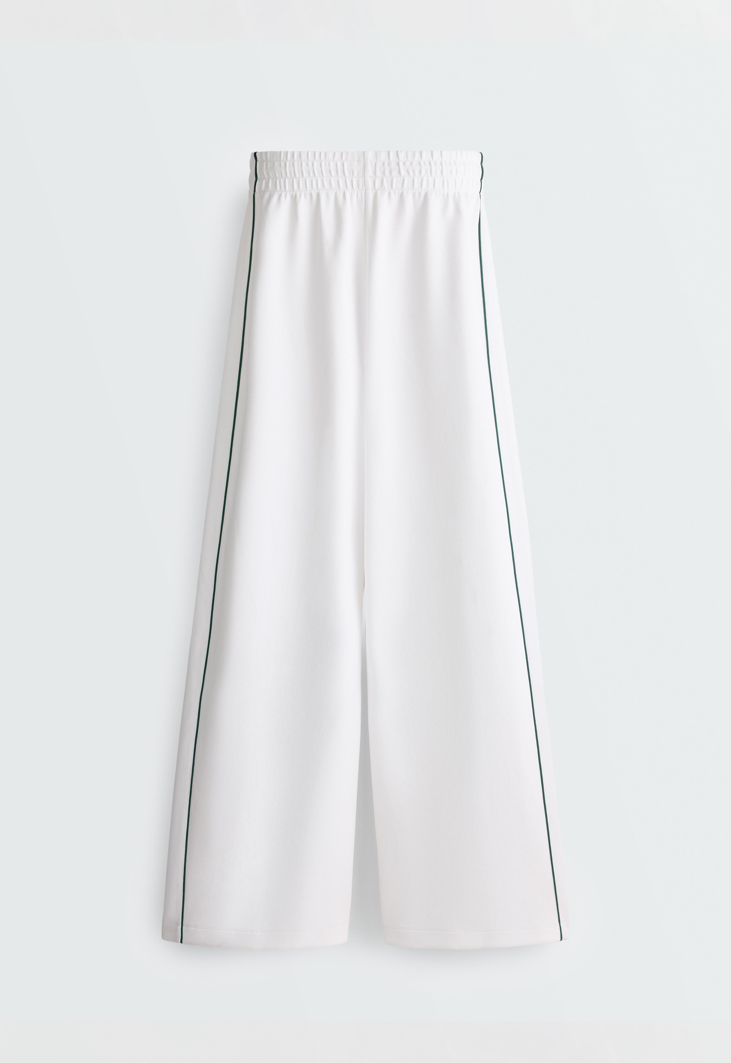 Cotton piqué straight-leg trousers with piping — WHITE