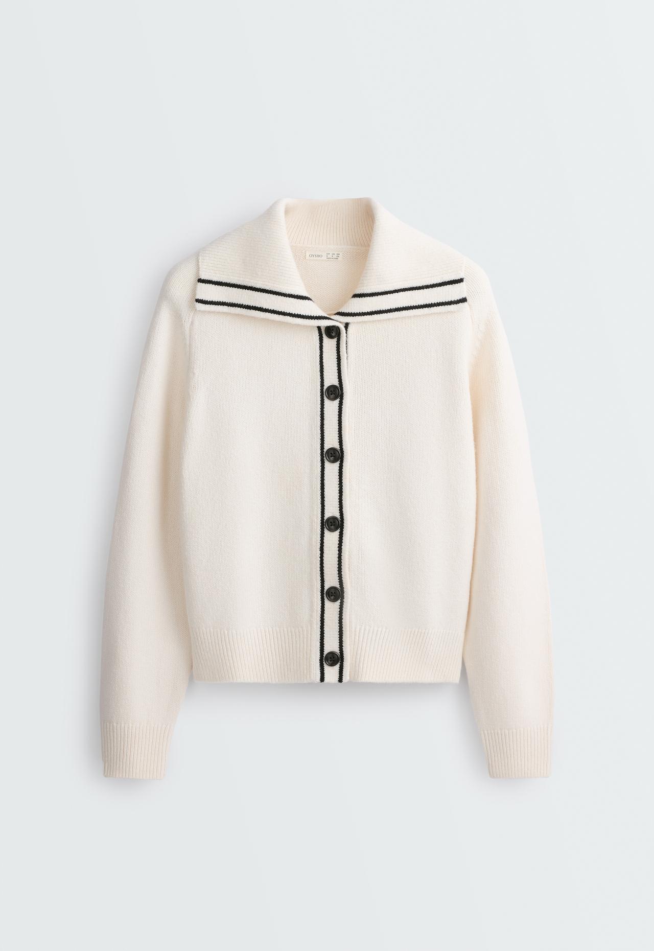 Contrast cotton knit cardigan — PALE ECRU