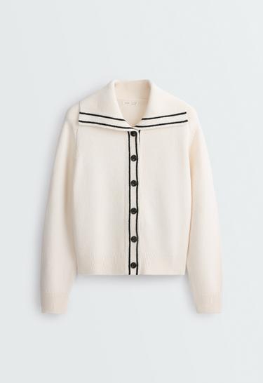 Contrast cotton knit cardigan — PALE ECRU 5