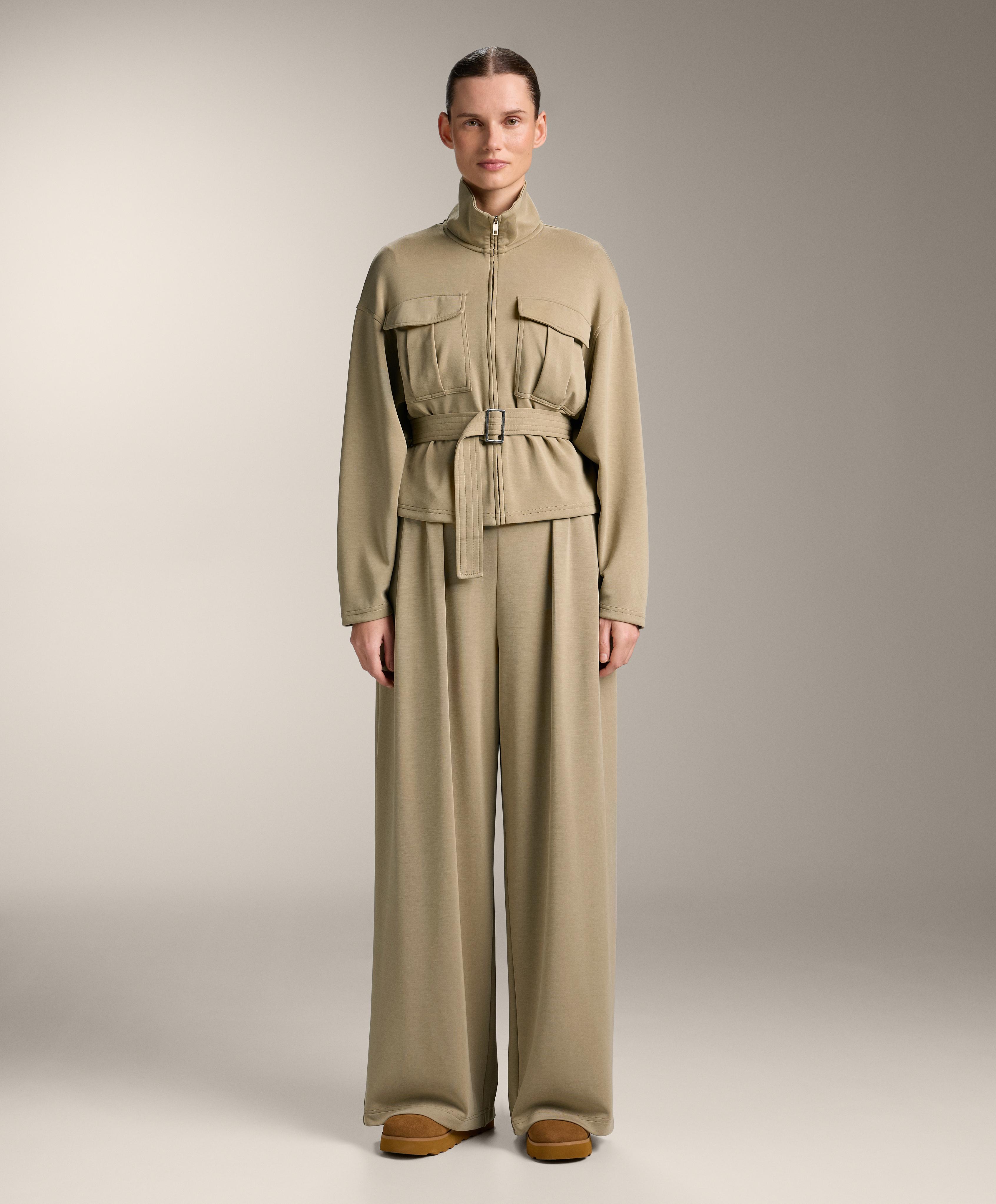 Soft-touch belted jacket with modal — GREEN BEIGE