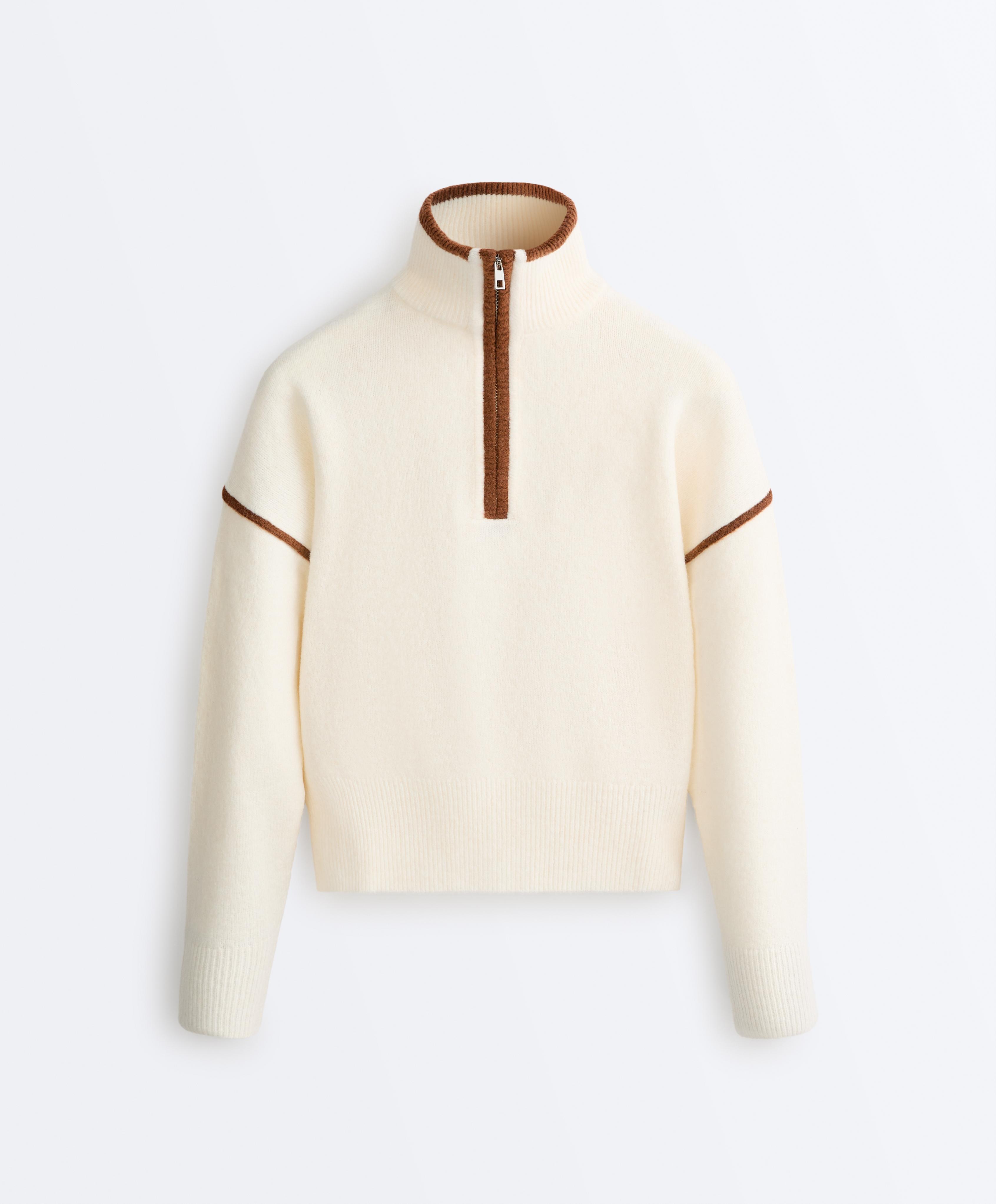 Raised neck jumper with contrast details — PALE ECRU