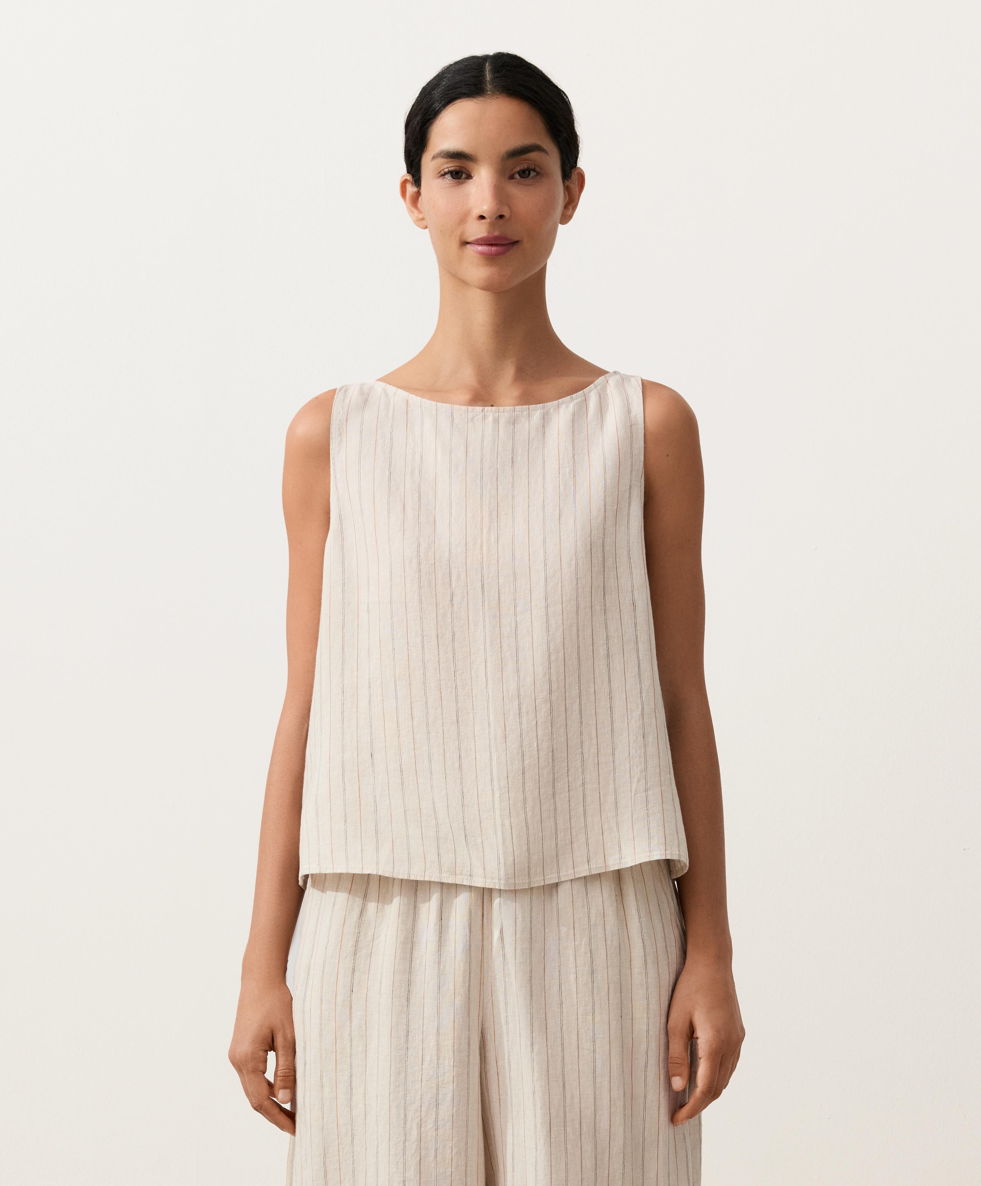 100% linen striped square top — SAND MELANGE