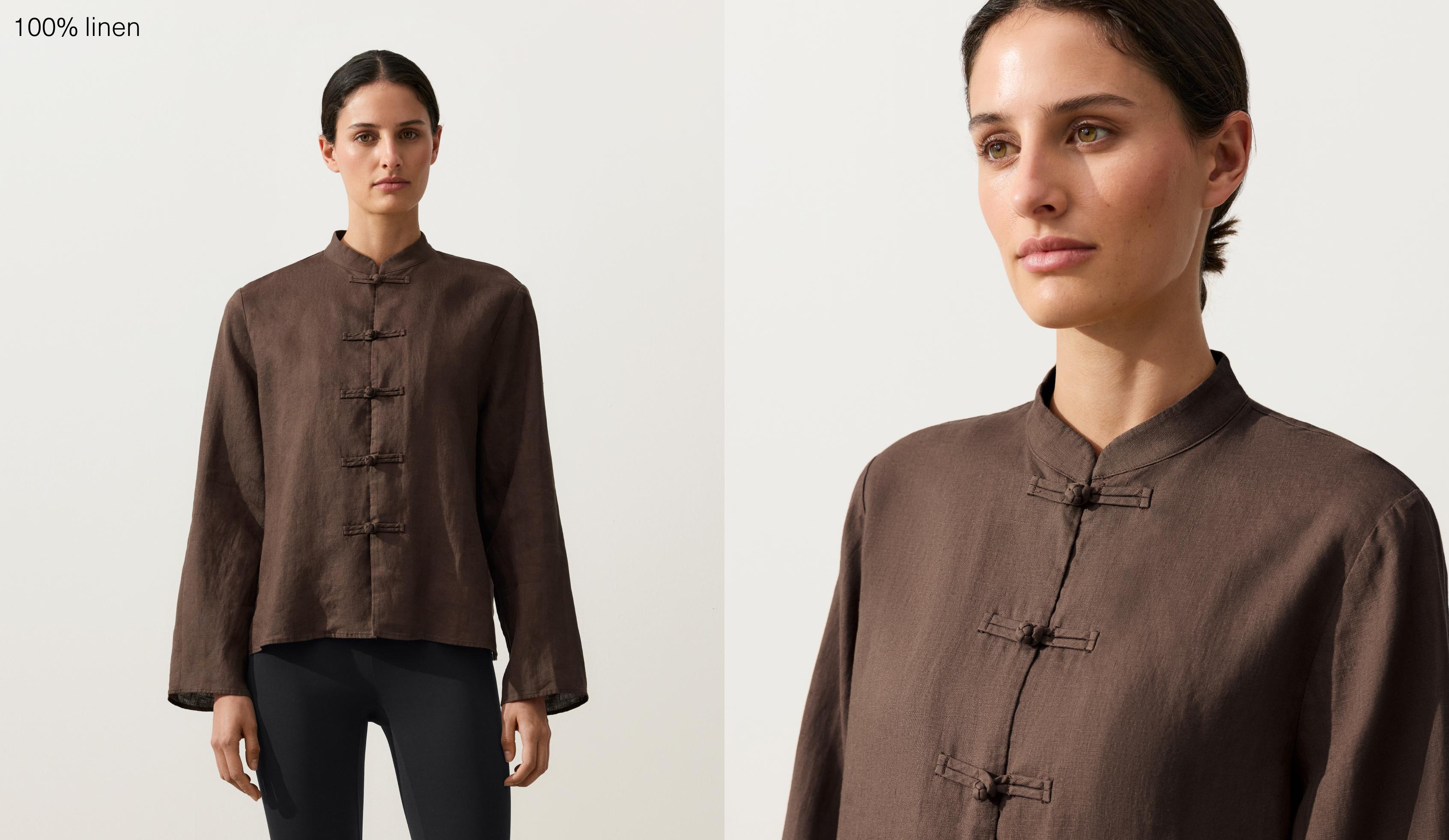 100% linen stand-up collar shirt — DARK BROWN