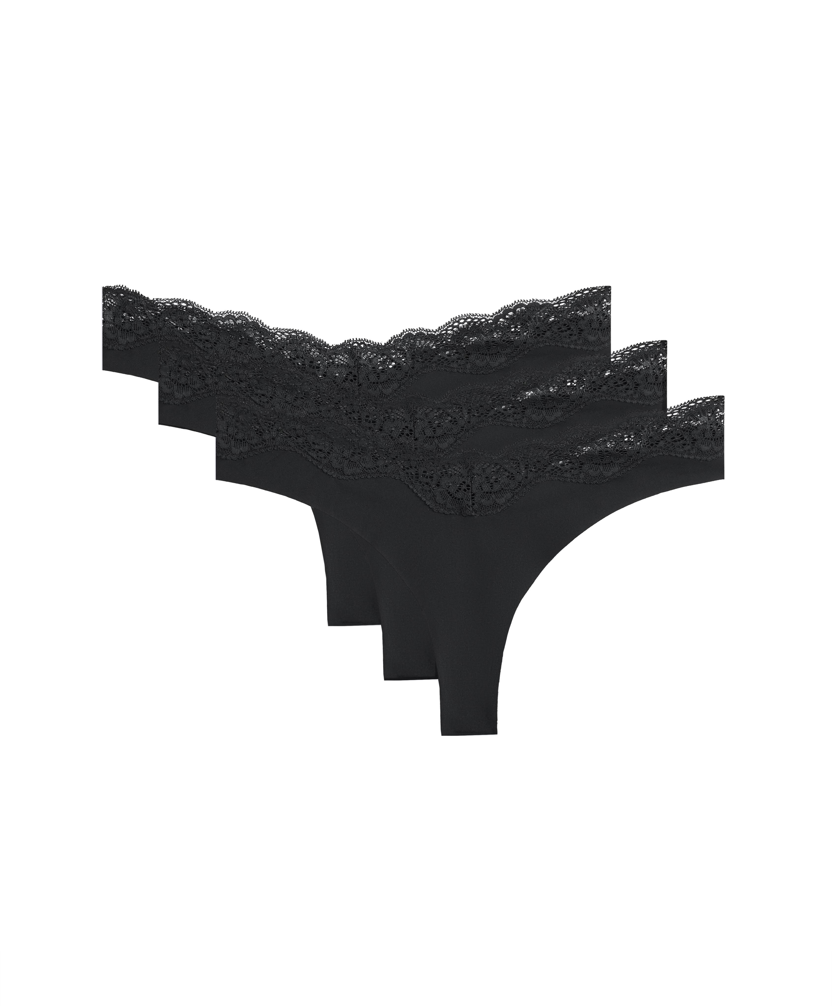 3 laser-cut V-cut lace polyamide blend thongs — BLACK