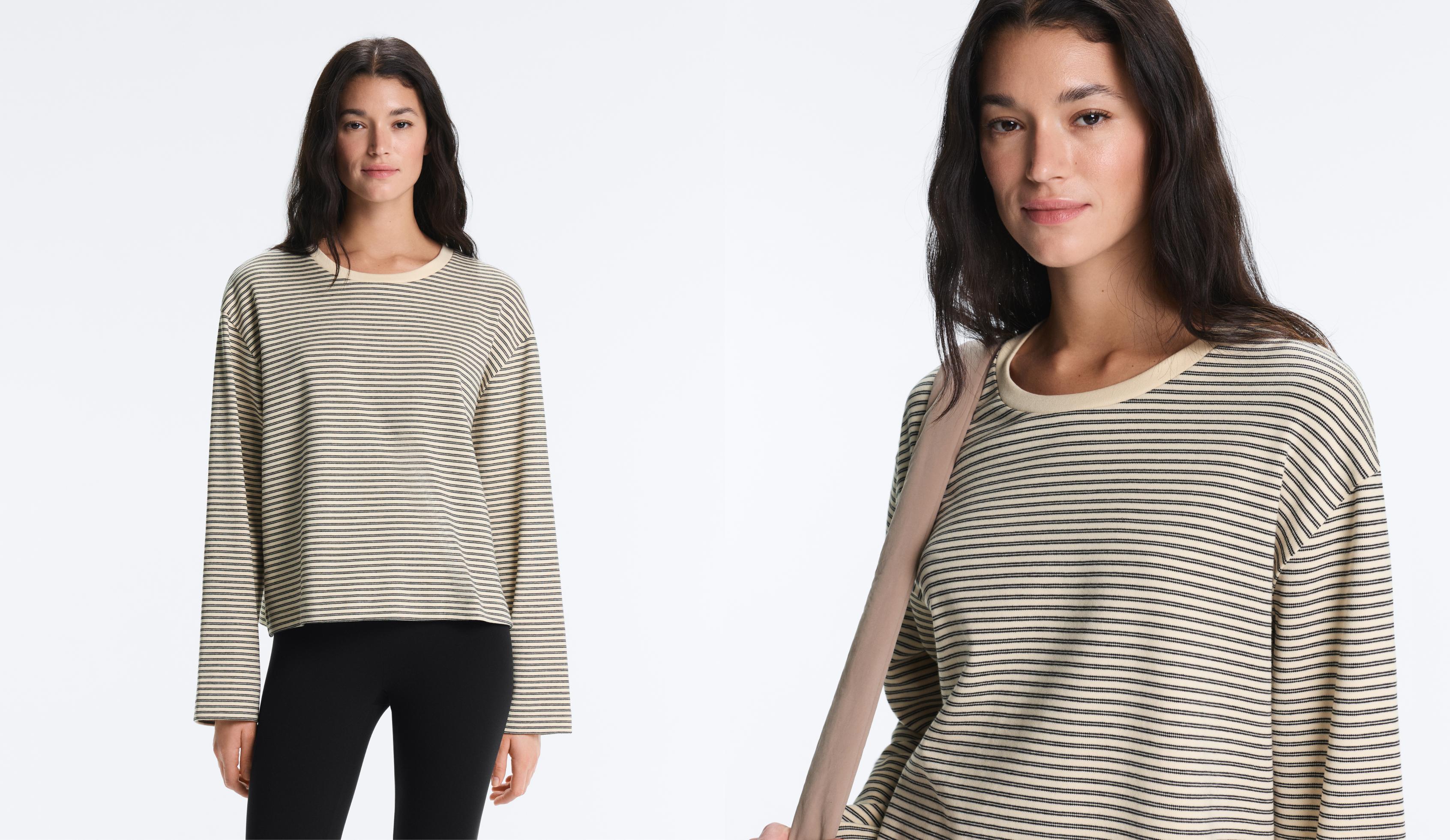 Striped cotton blend long sleeve relaxed T-shirt — WHITE