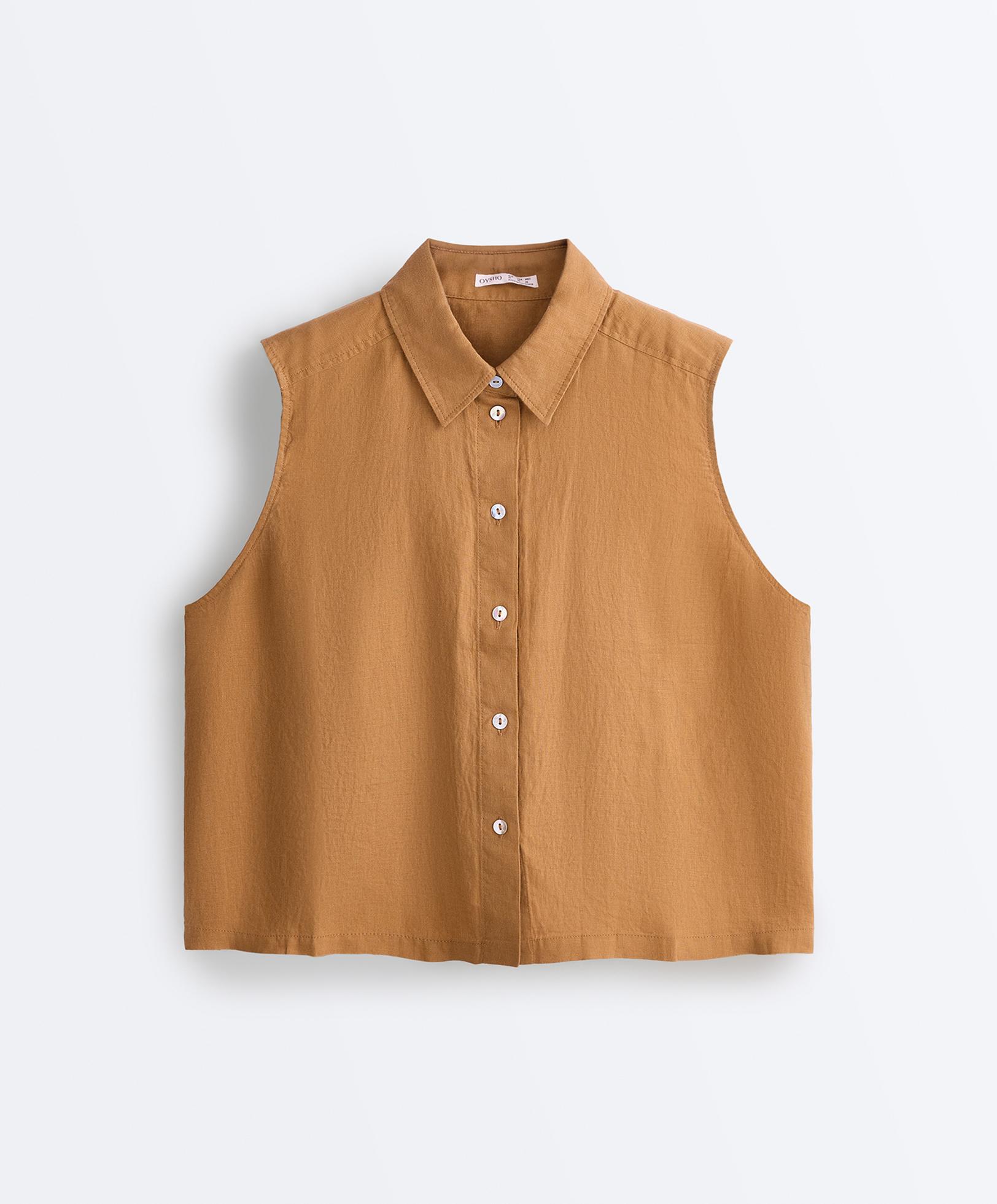 Sleeveless cropped 100% linen shirt — MUSTARD
