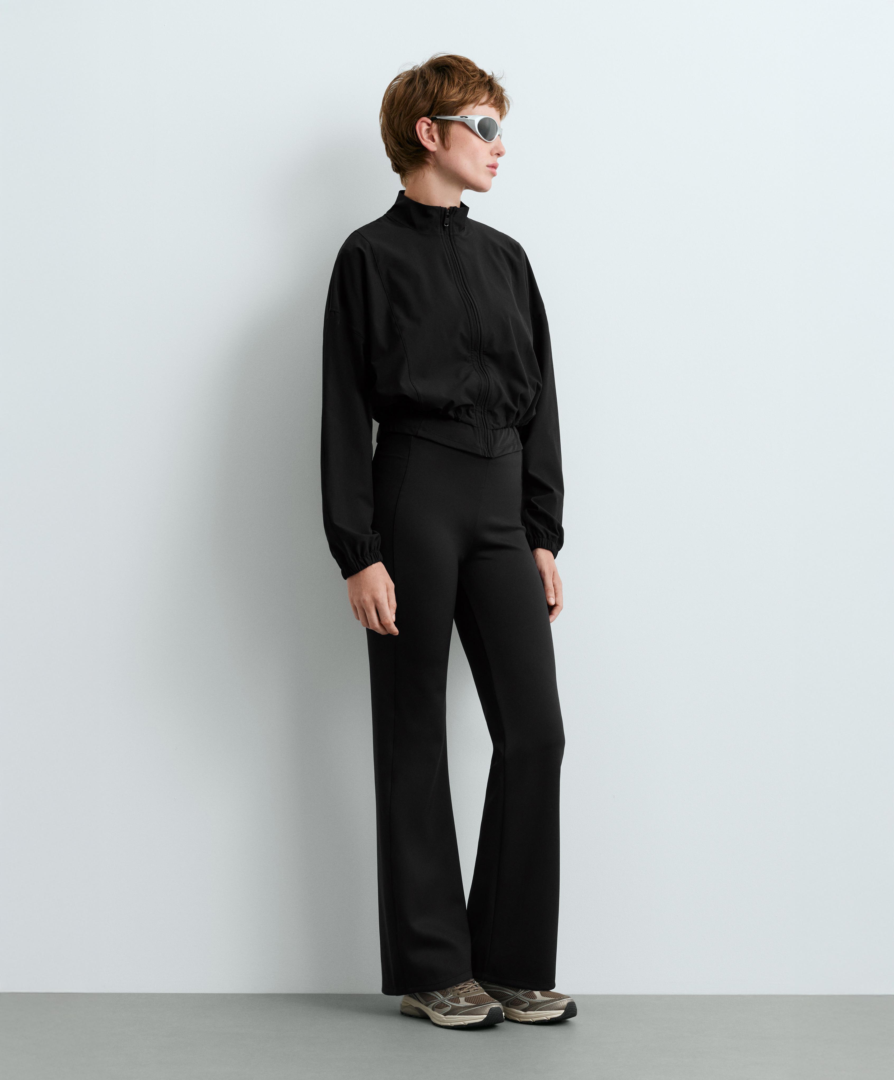 Neoprene-effect high rise flare trousers — BLACK