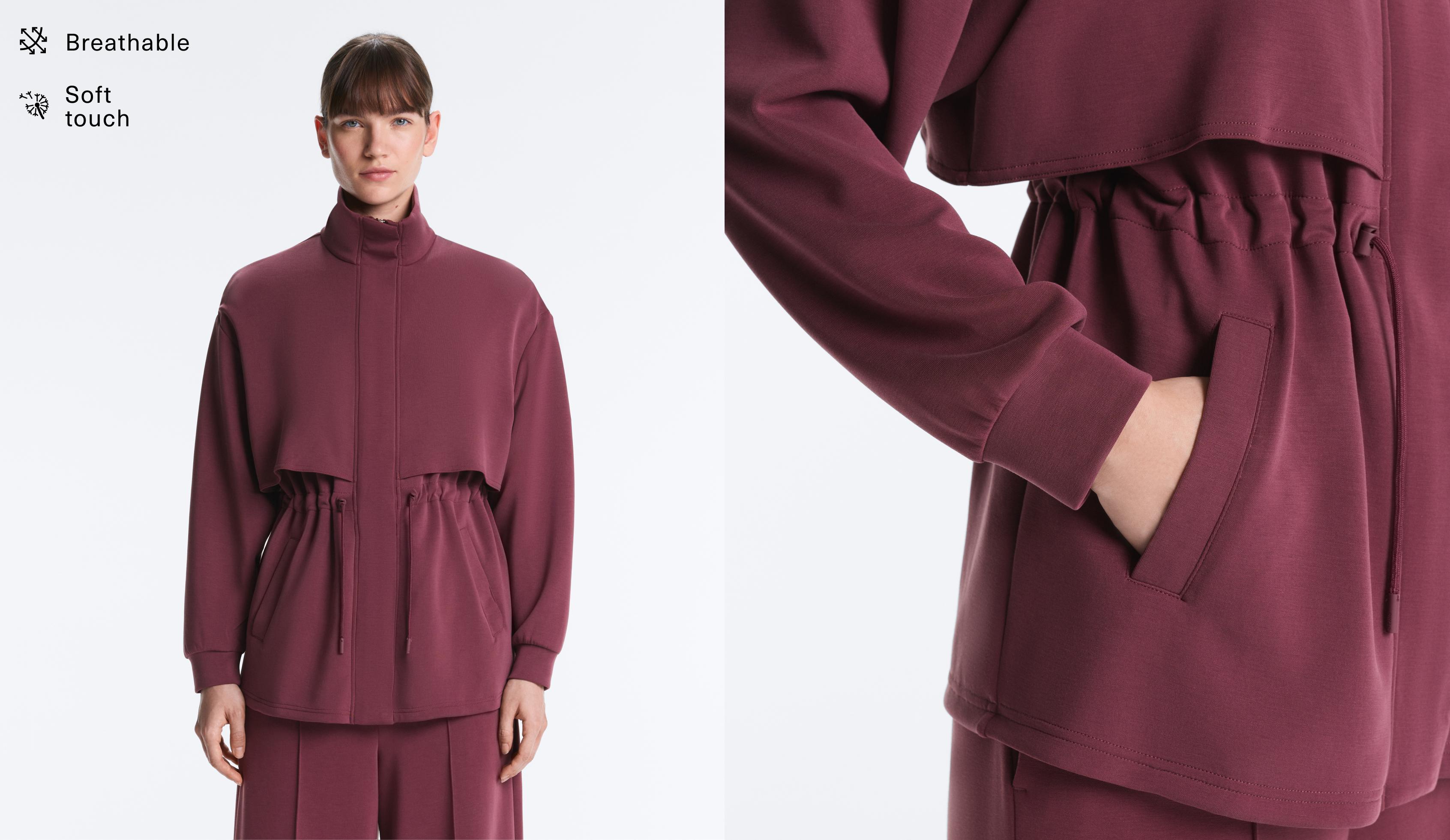 Long soft-touch jacket with modal and pockets — CHERRY