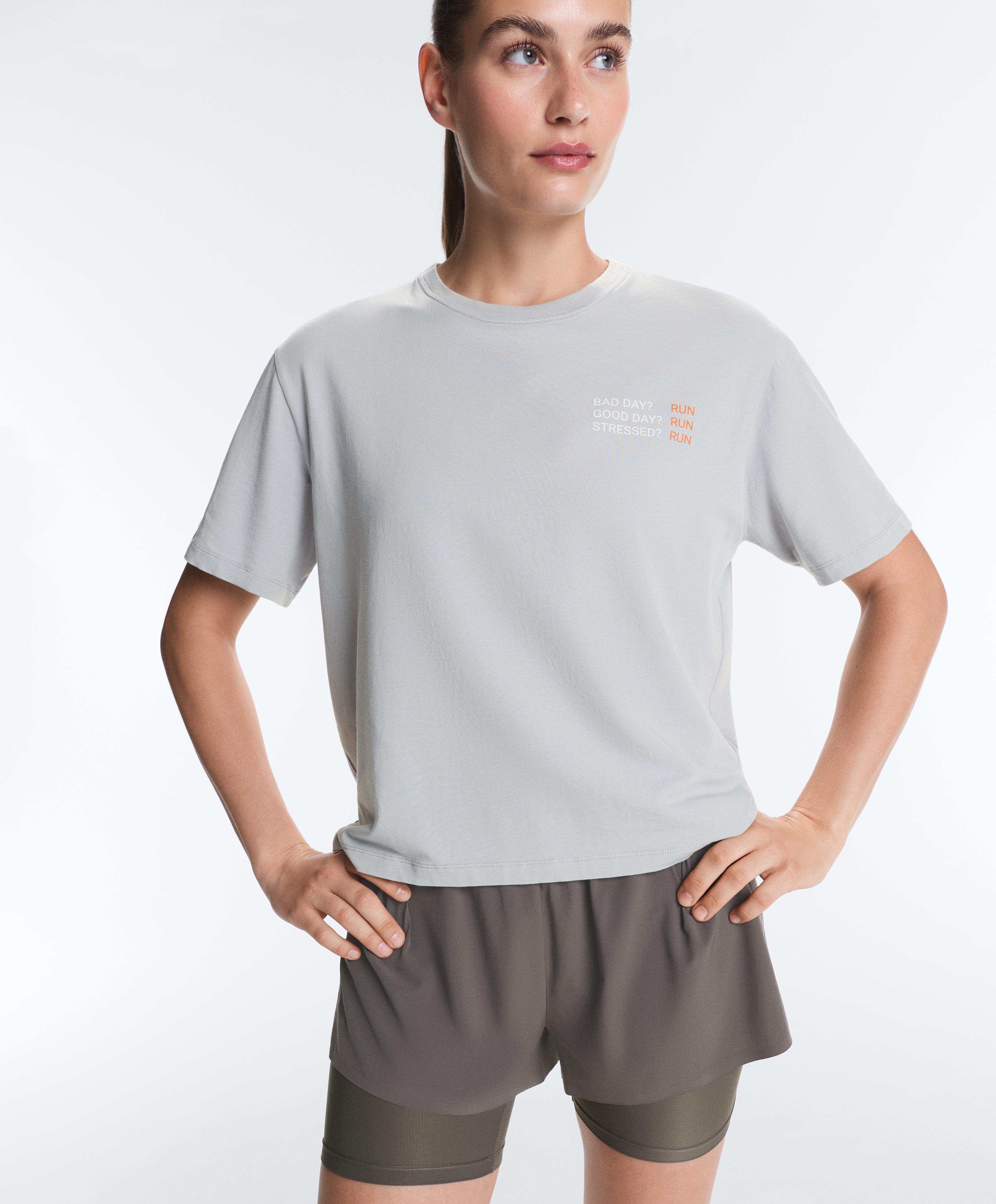 Boxy cotton blend slogan T-shirt — GREY