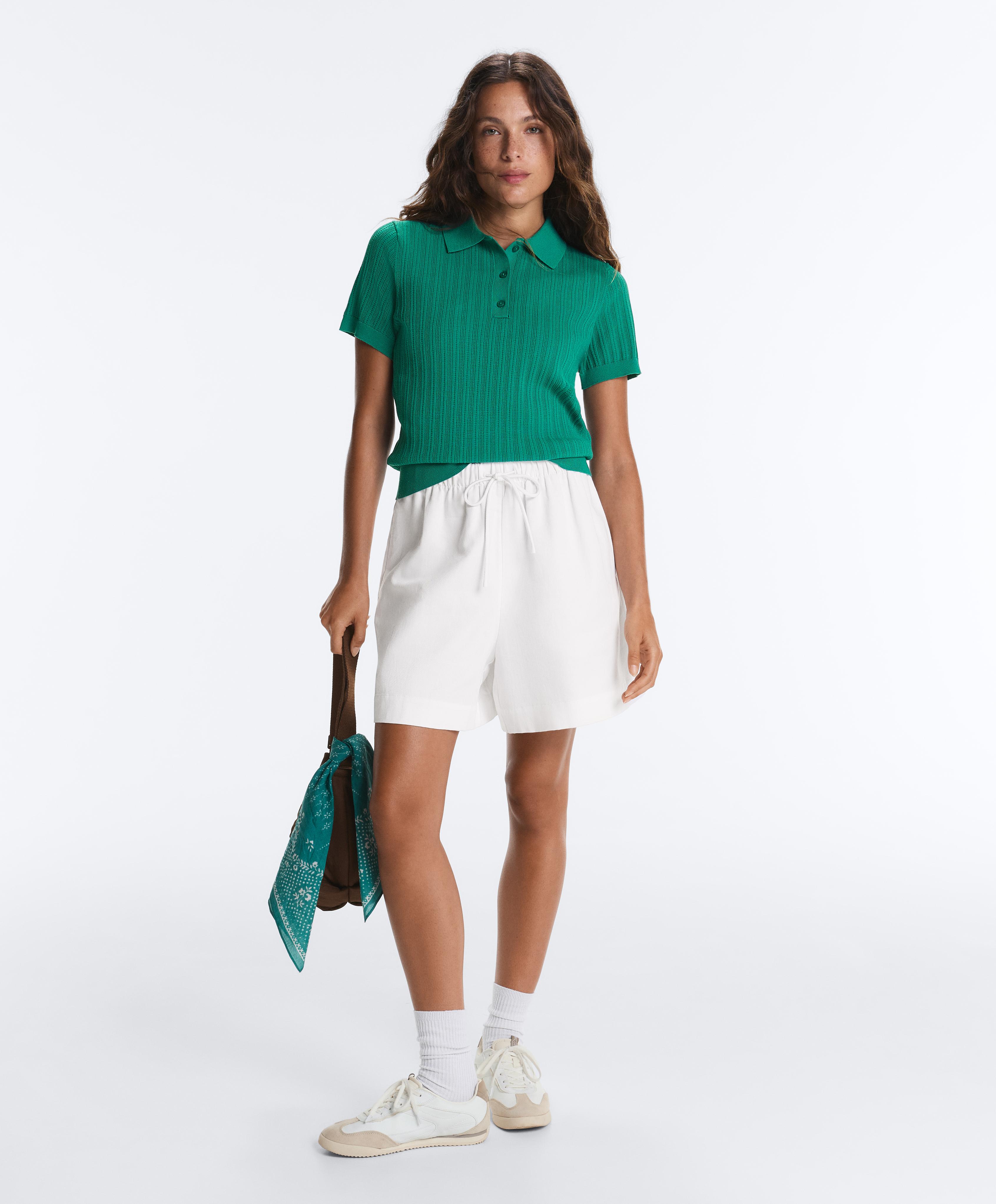 Short sleeve open knit polo shirt — EMERALD GREEN