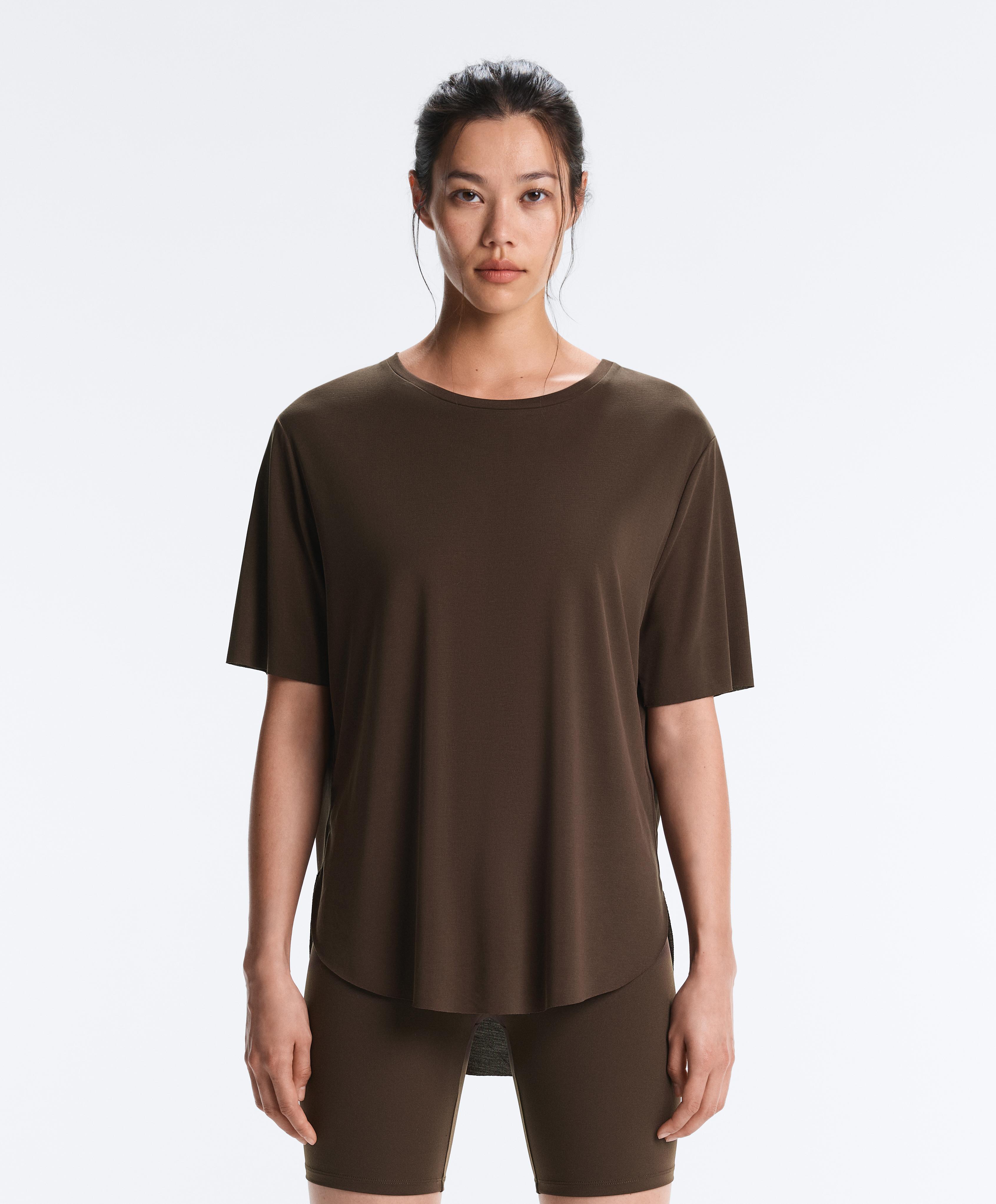 Modal blend short-sleeved rounded back T-shirt — DARK BROWN