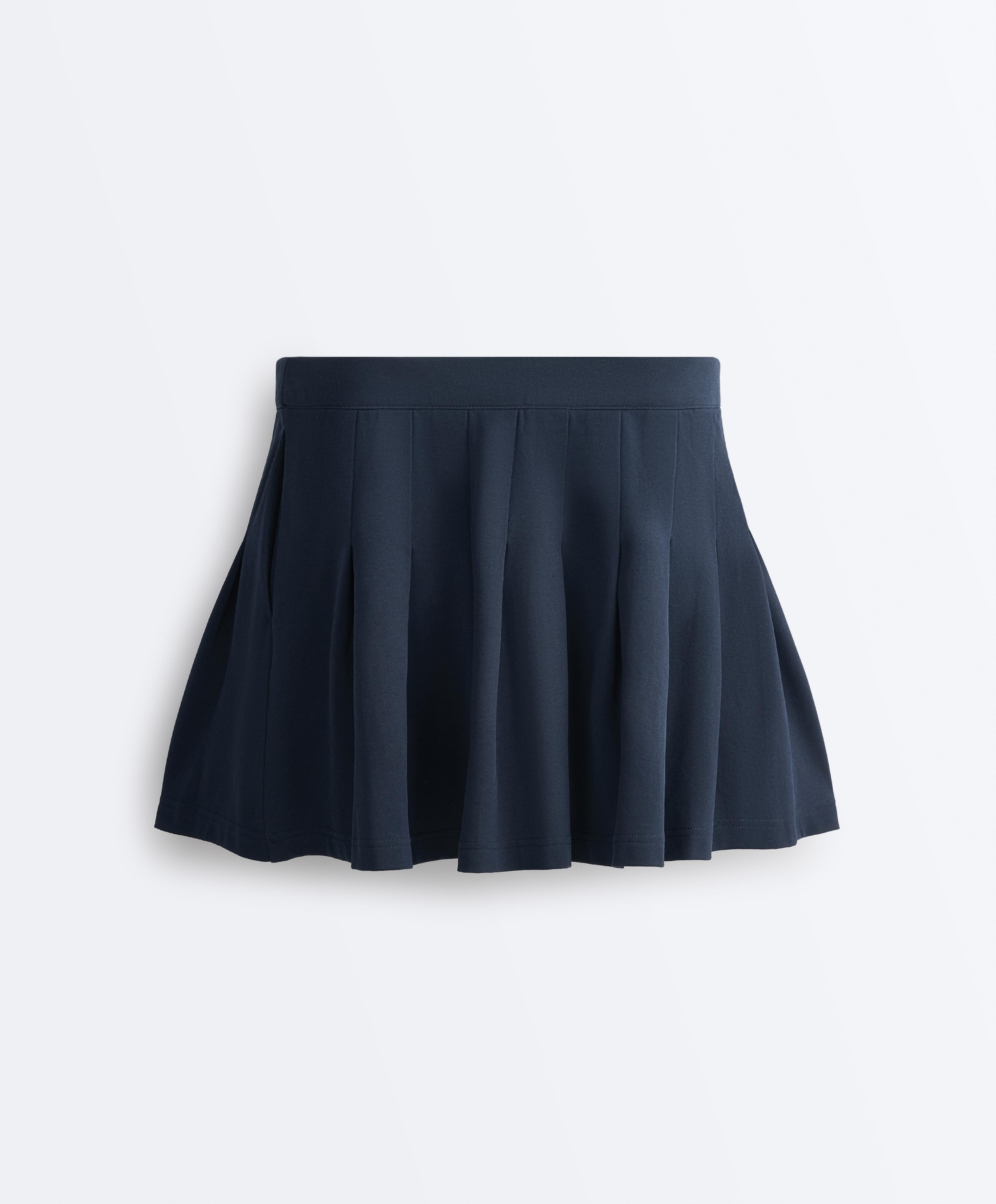 Cotton piqué pleated mini skirt — NAVY BLUE