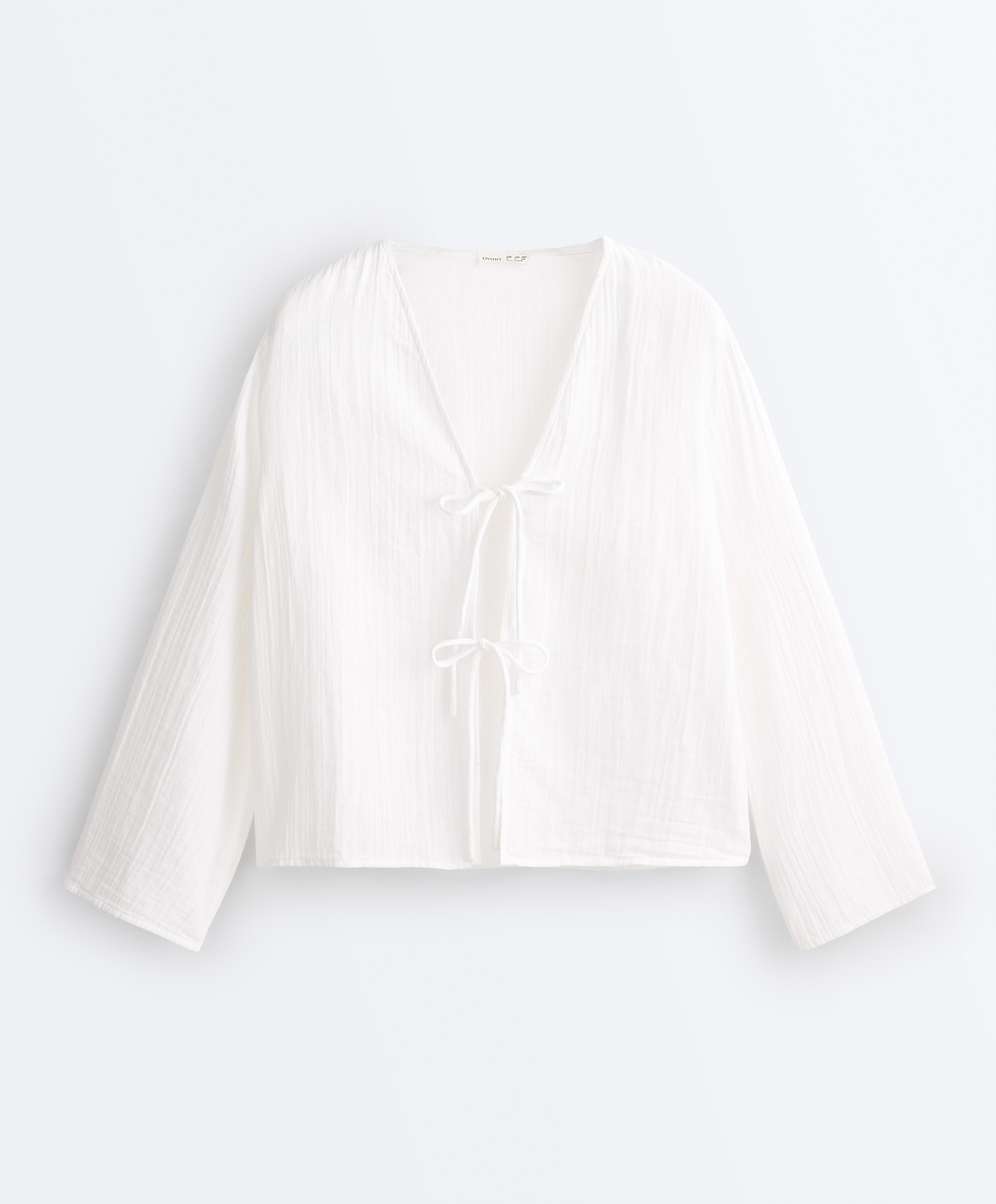 100% cotton gauze long-sleeved tie-front shirt — WHITE