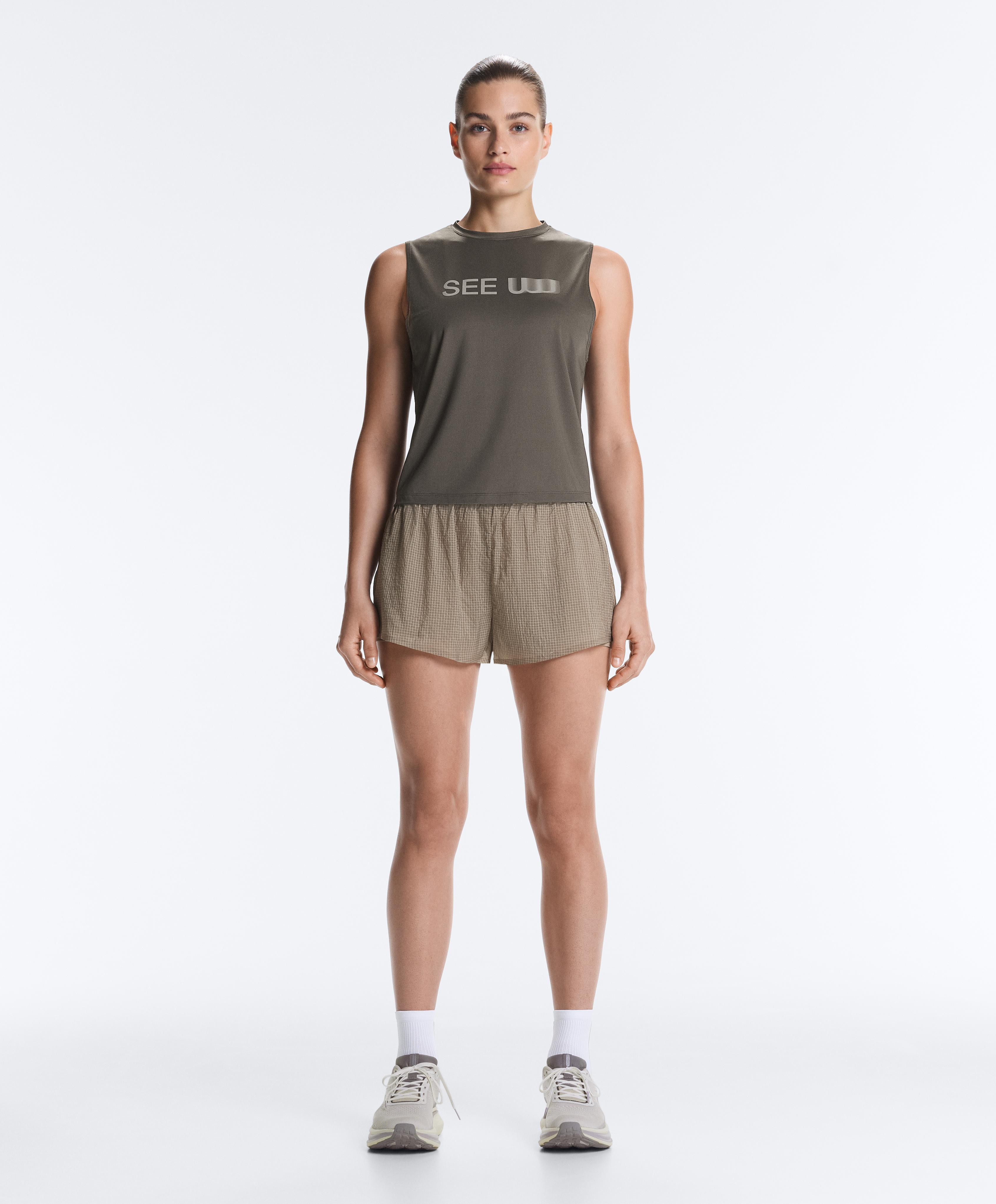 Technical 2-in-1 checked mid-rise shorts — MINK GREY