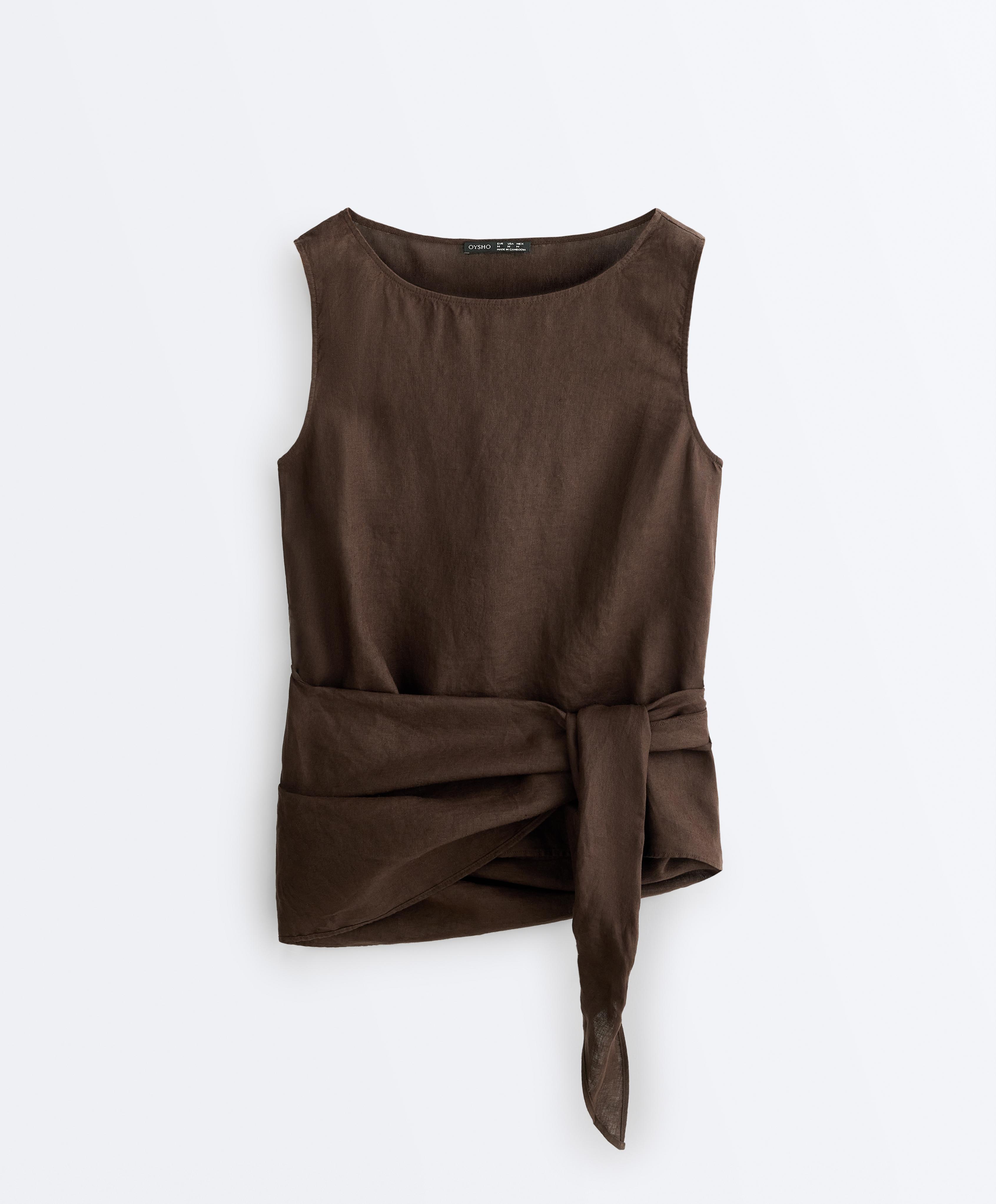 Sleeveless top with 100% linen scarf — DARK BROWN