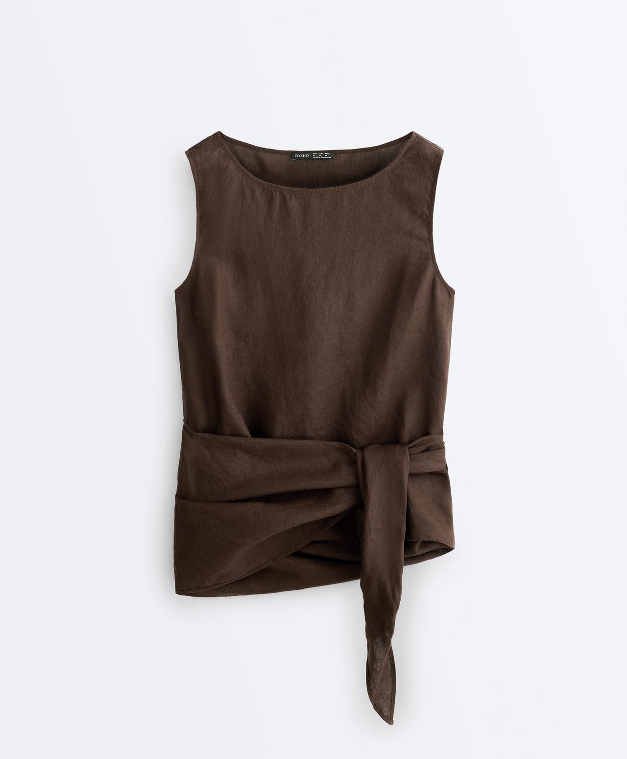Sleeveless top with 100% linen scarf — DARK BROWN