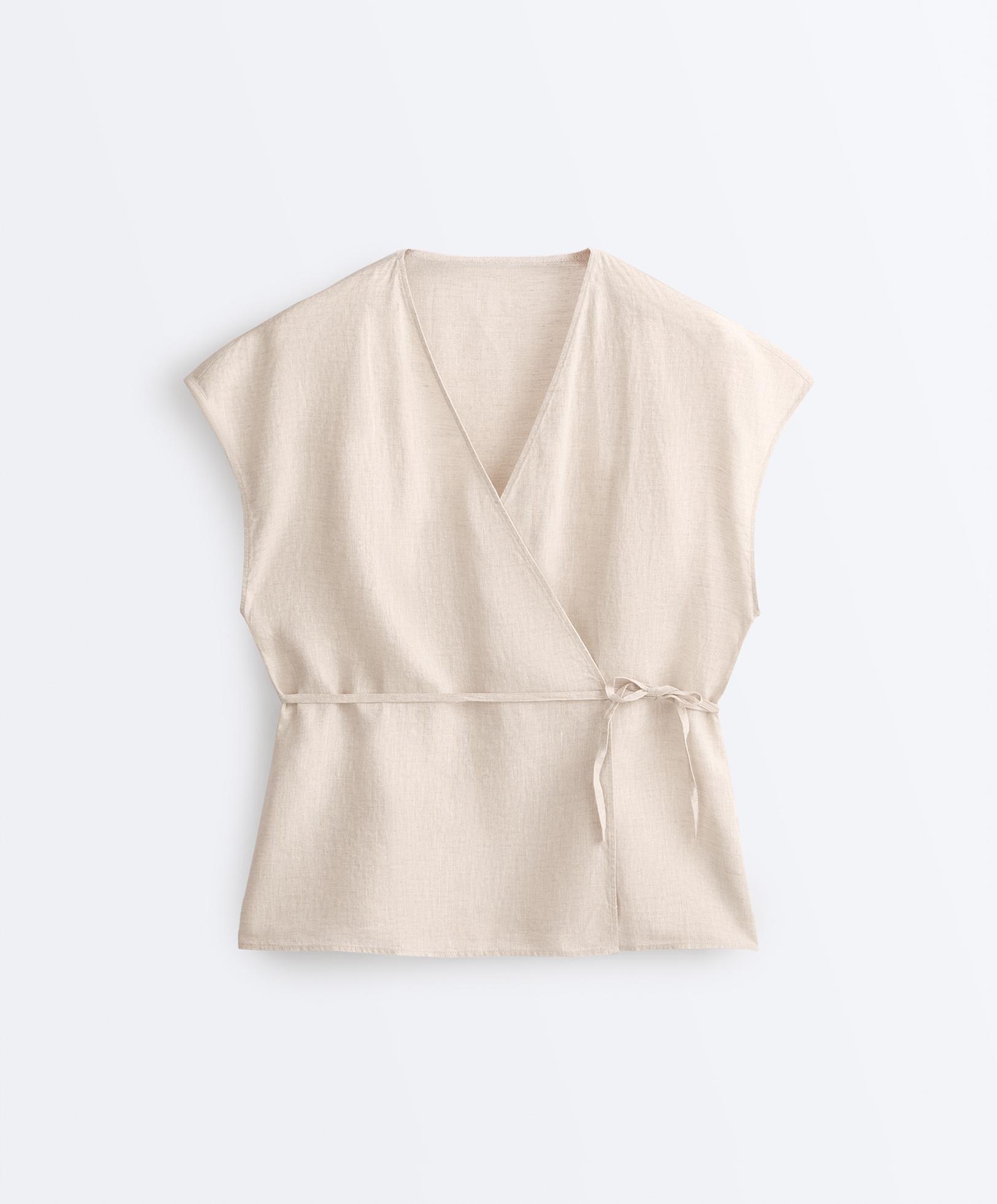 100% linen wrap shirt with tie — SAND MELANGE