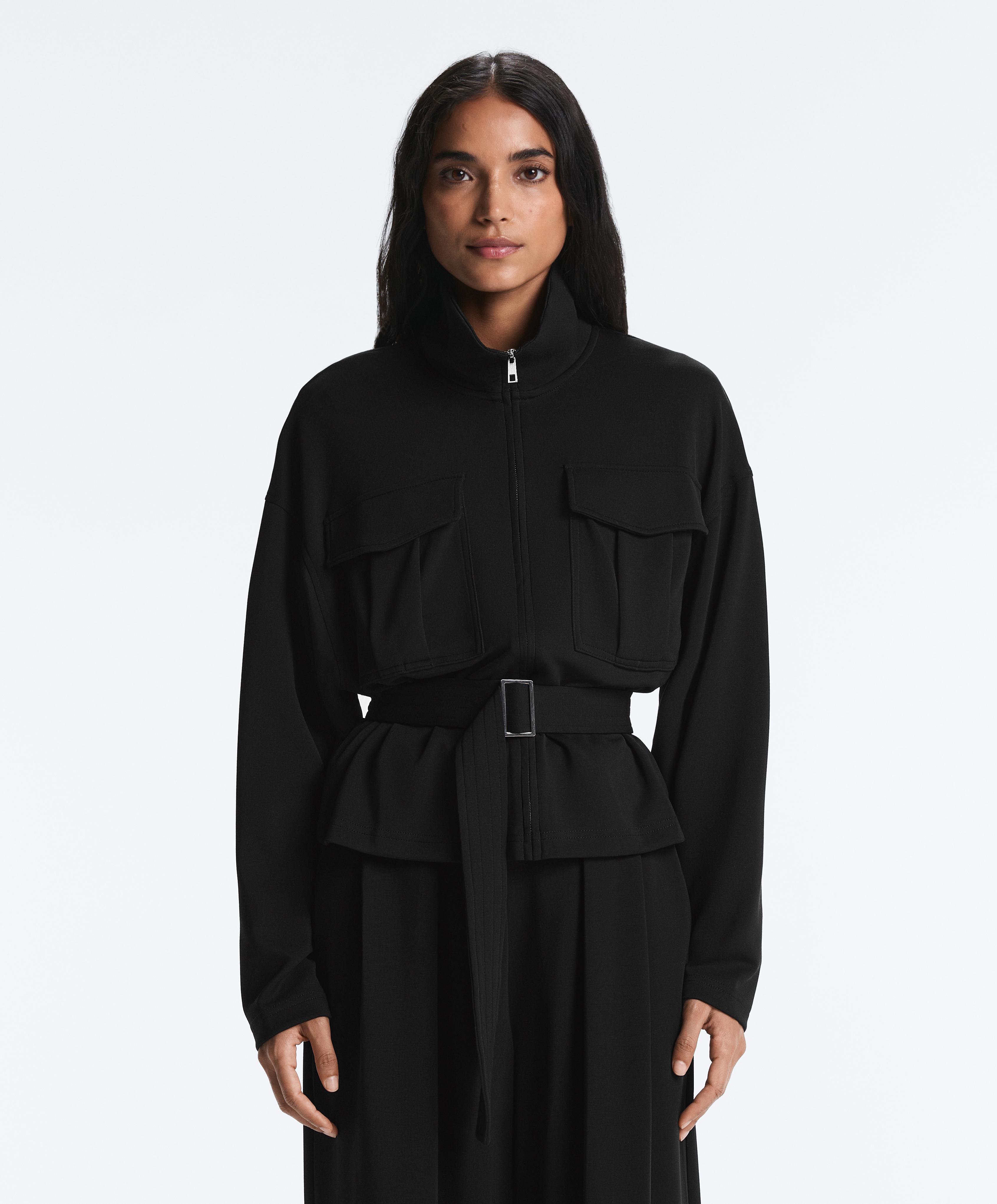 Soft-touch belted jacket with modal — BLACK