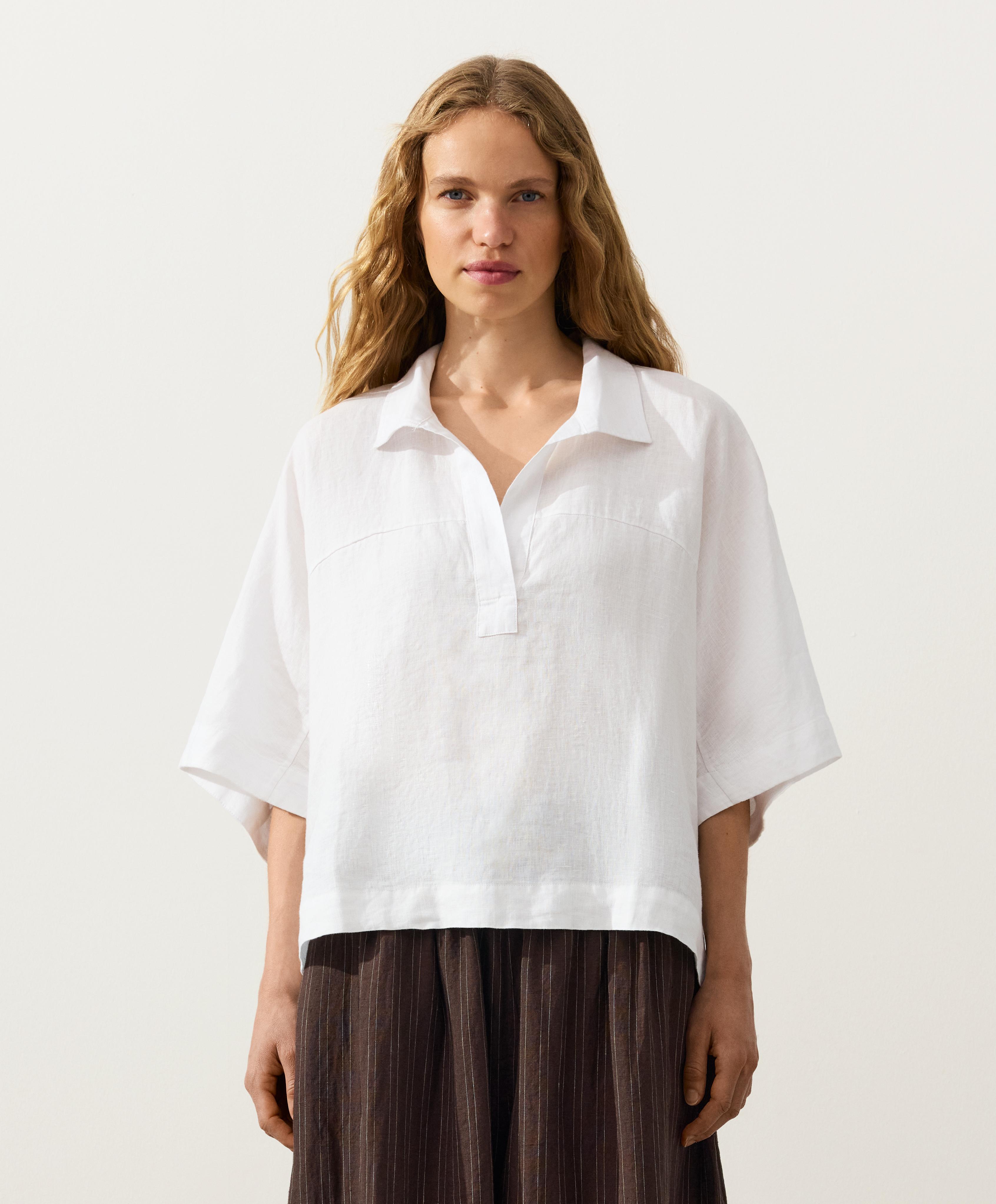 Oversize 100% linen polo shirt — WHITE