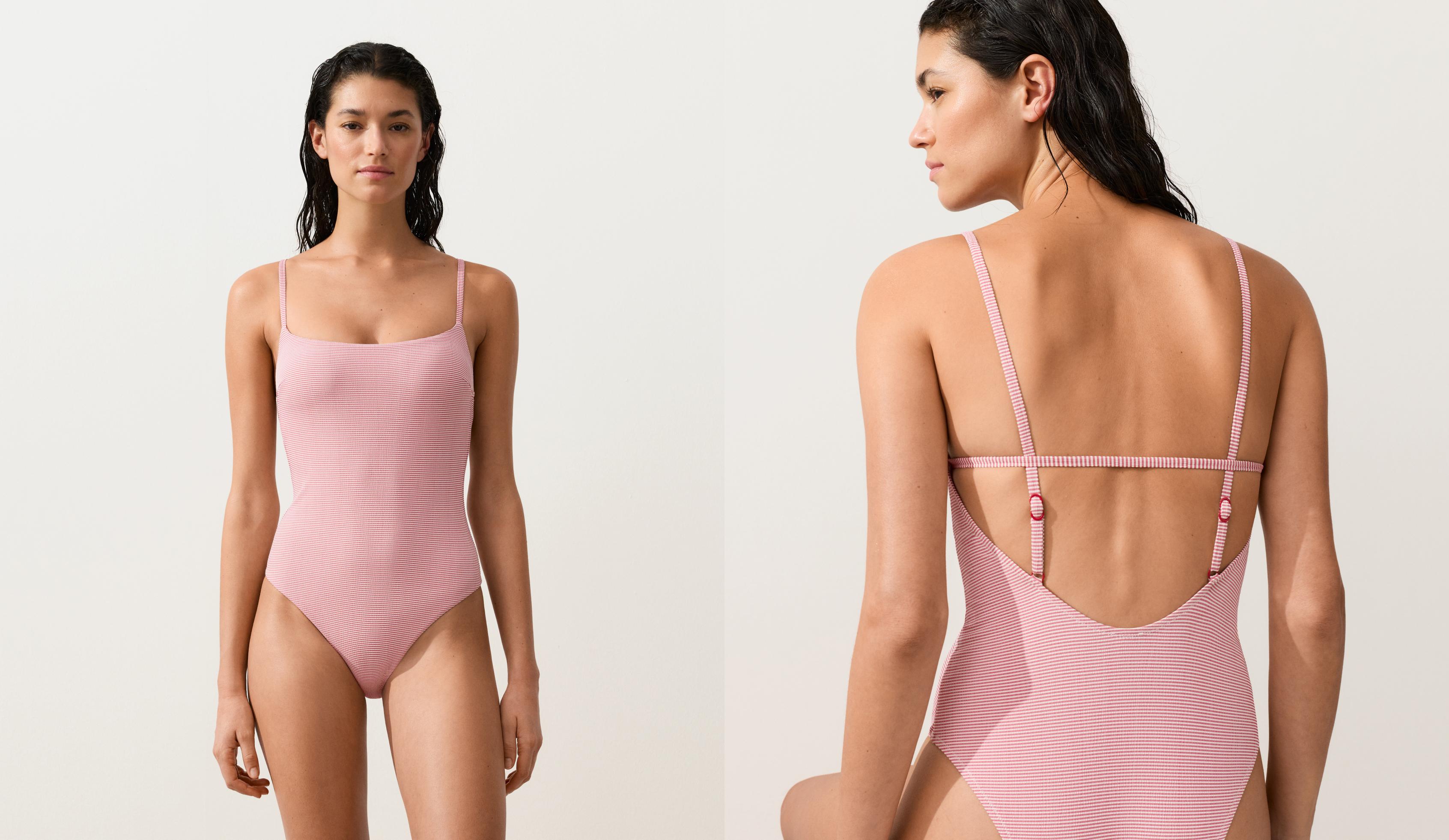 Stripe round neck swimsuit — RED