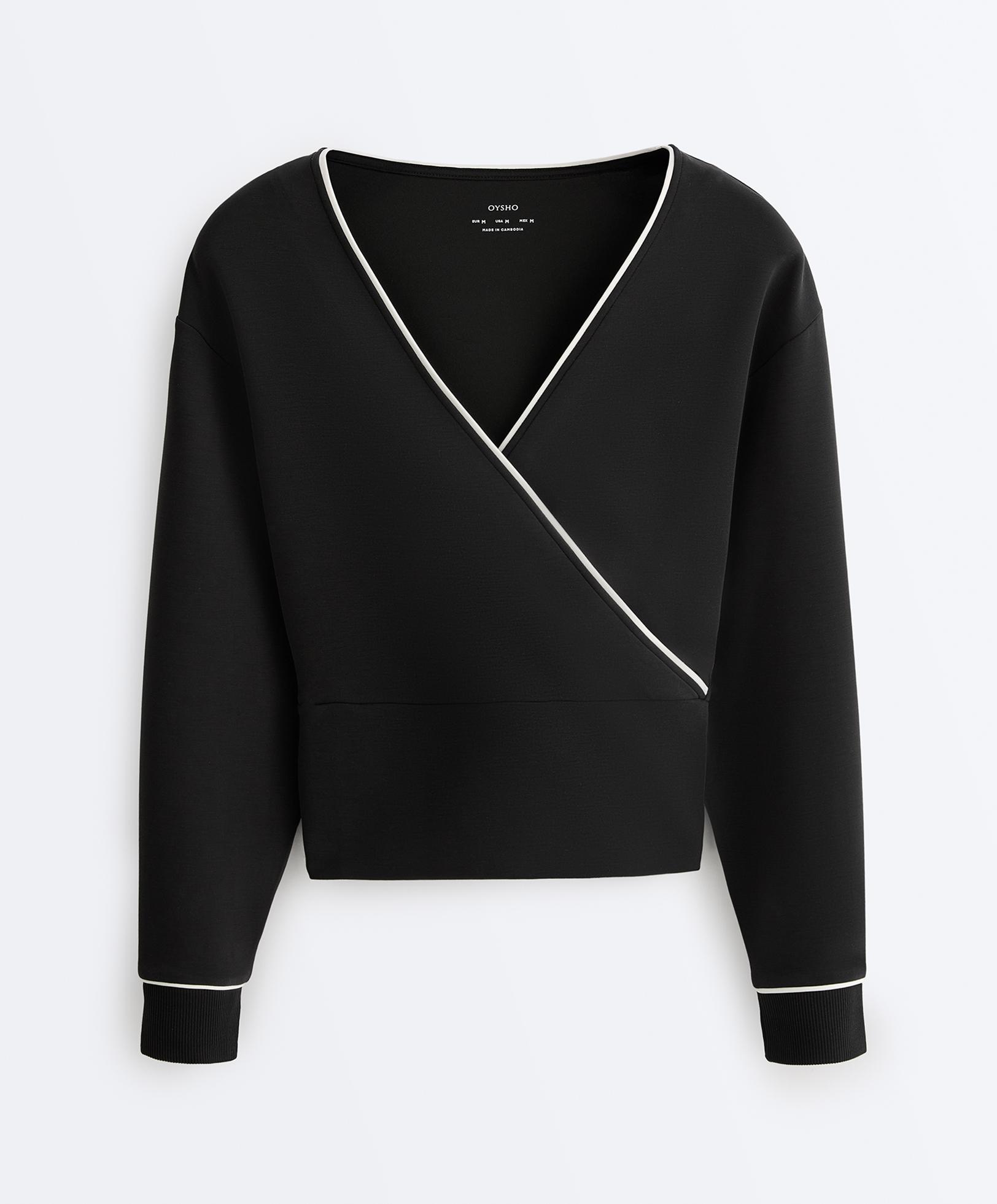 Wrap sweatshirt with contrast piping and modal — BLACK