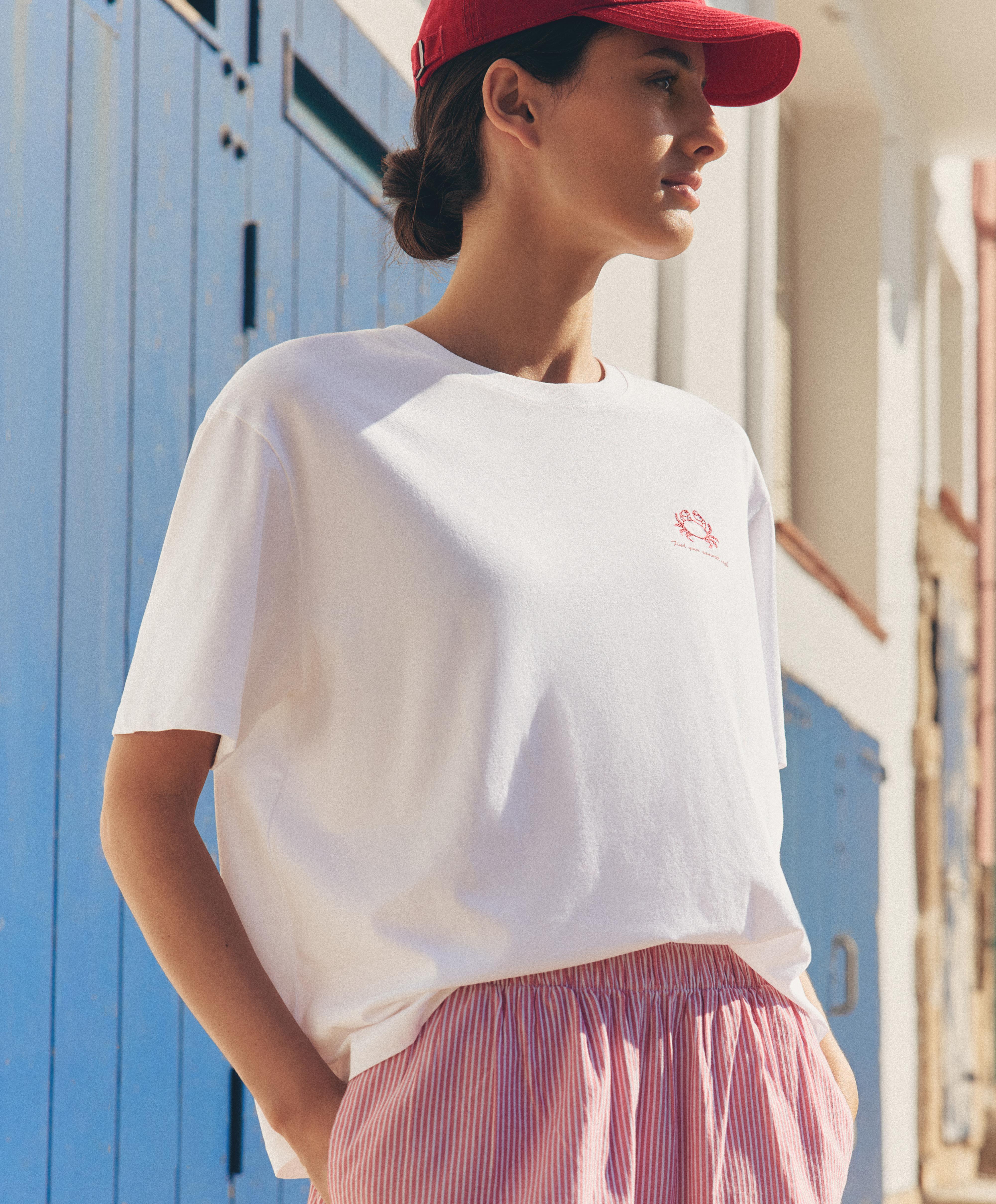 Boxy short-sleeved cotton blend T-shirt with slogan — WHITE 