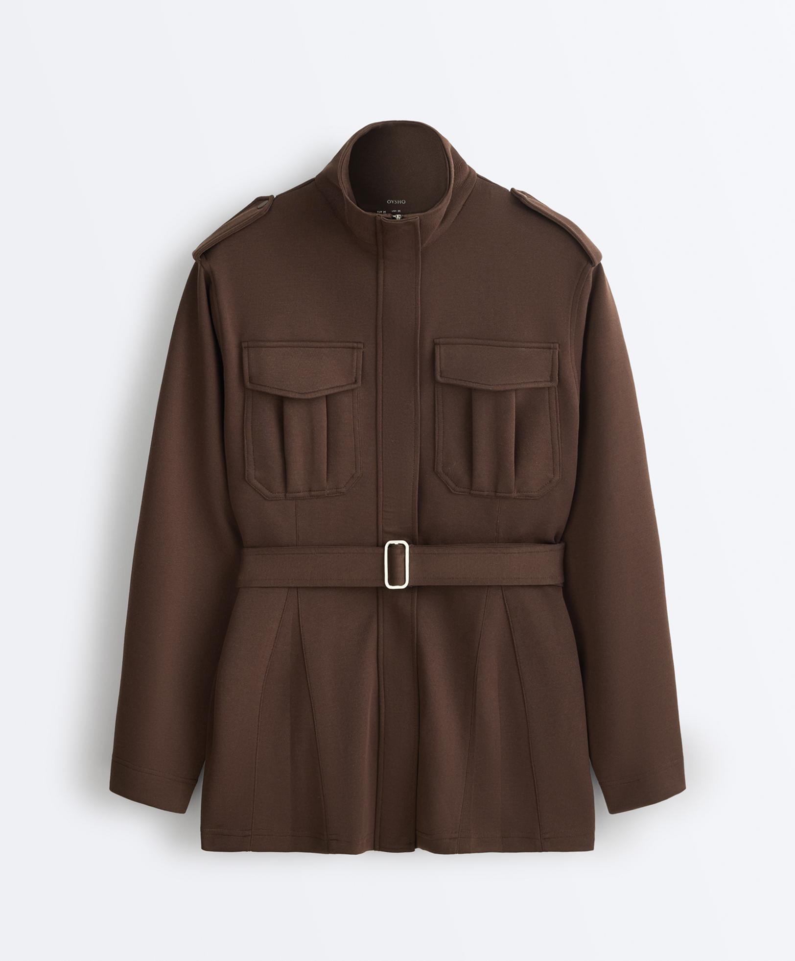 Long utility pique jacket with belt — DARK BROWN