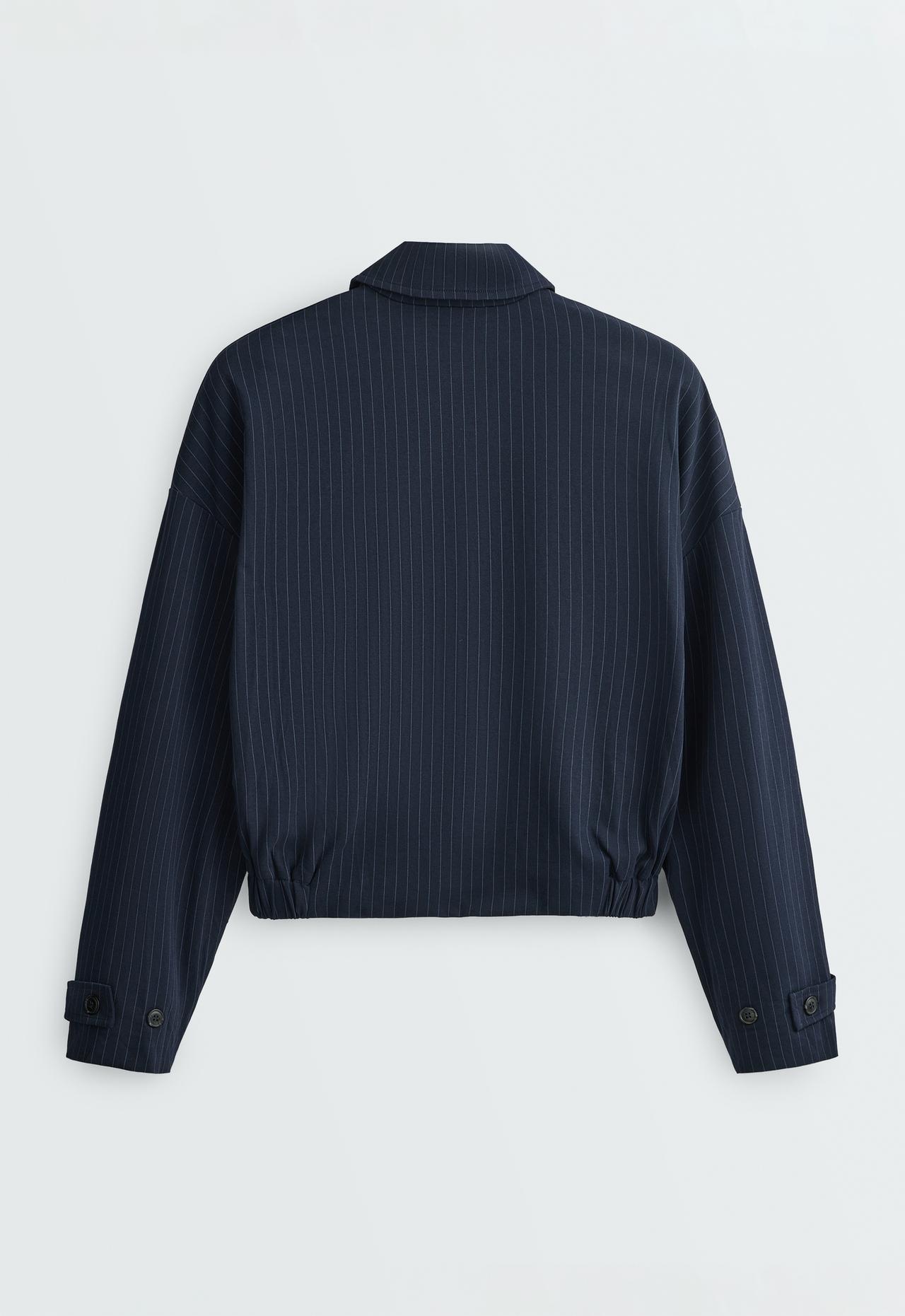 Pinstripe piqué polo neck jacket with cotton — NAVY BLUE