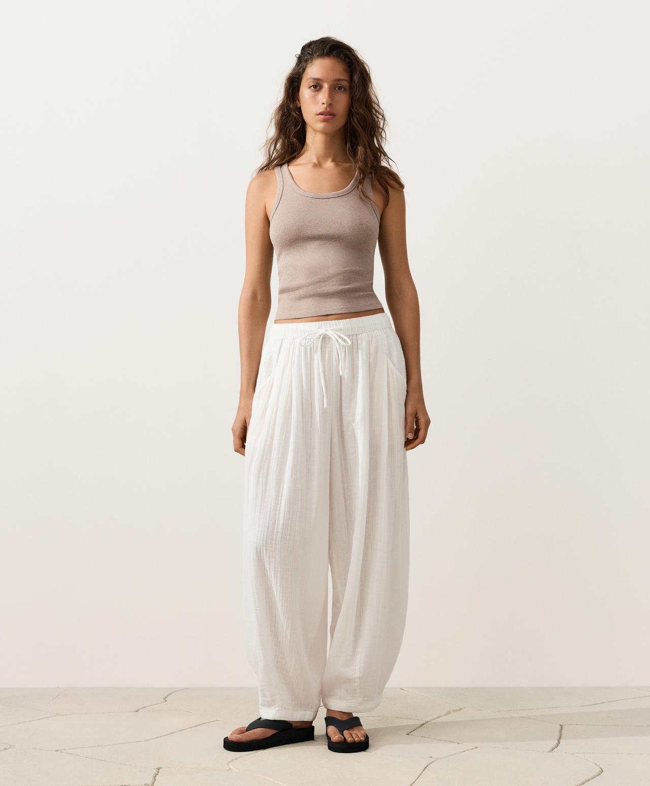 100% cotton gauze balloon trousers — WHITE
