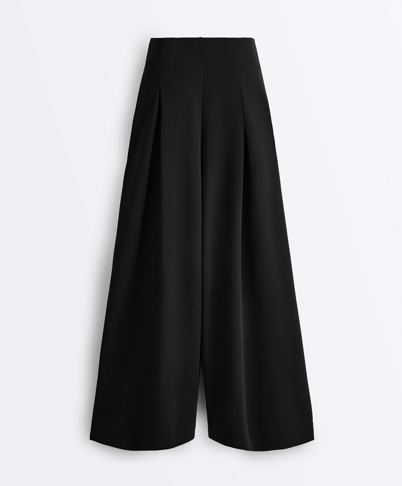 Long wide-leg trousers with soft touch modal and pleats — BLACK