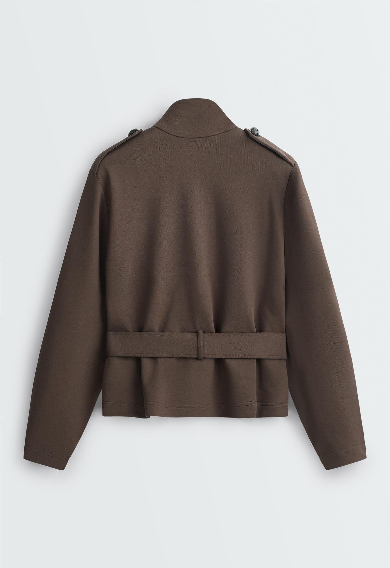 Short cotton piqué jacket with belt — BROWN